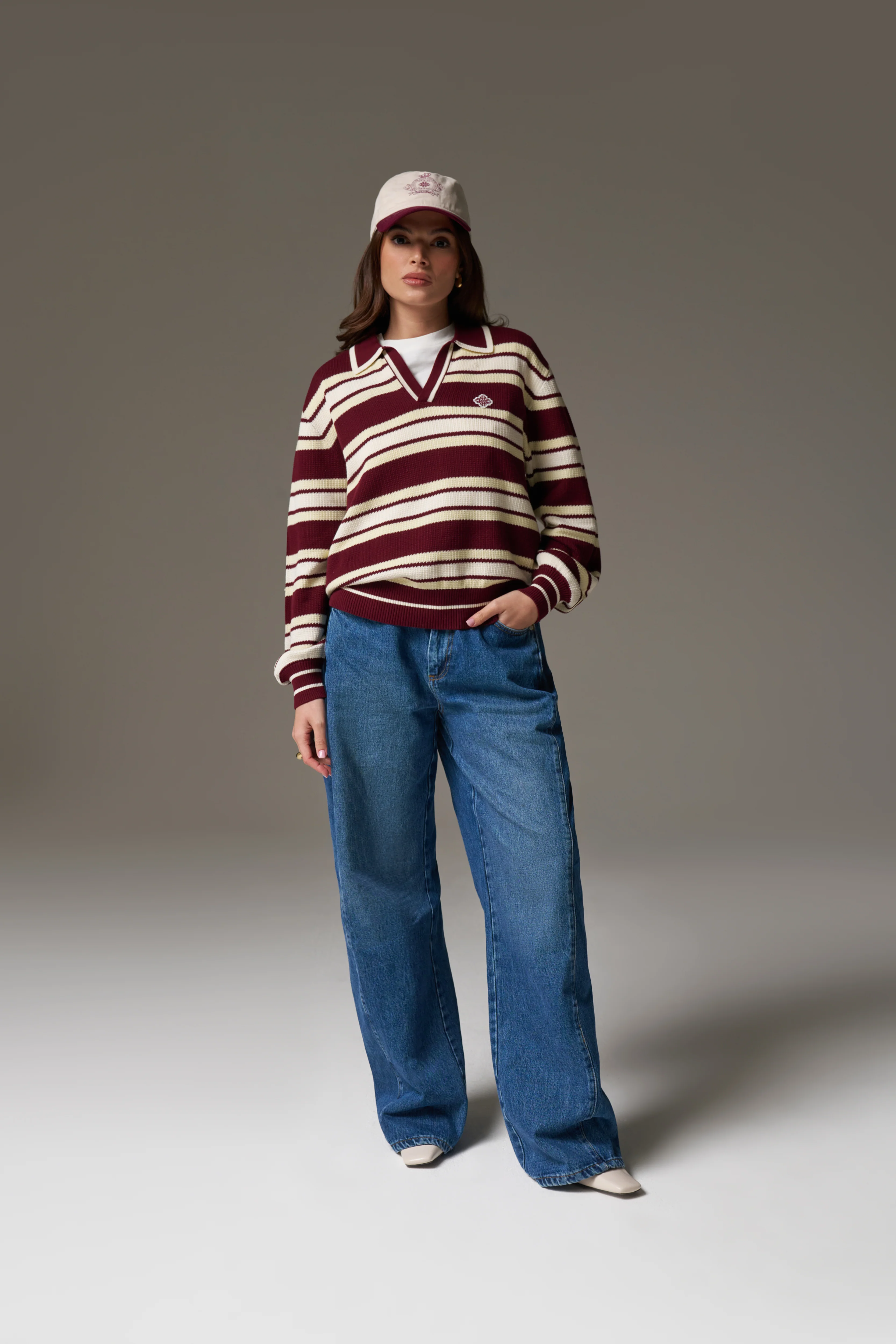 STRIPE KNITTED POLO SWEATSHIRT - BURGUNDY
