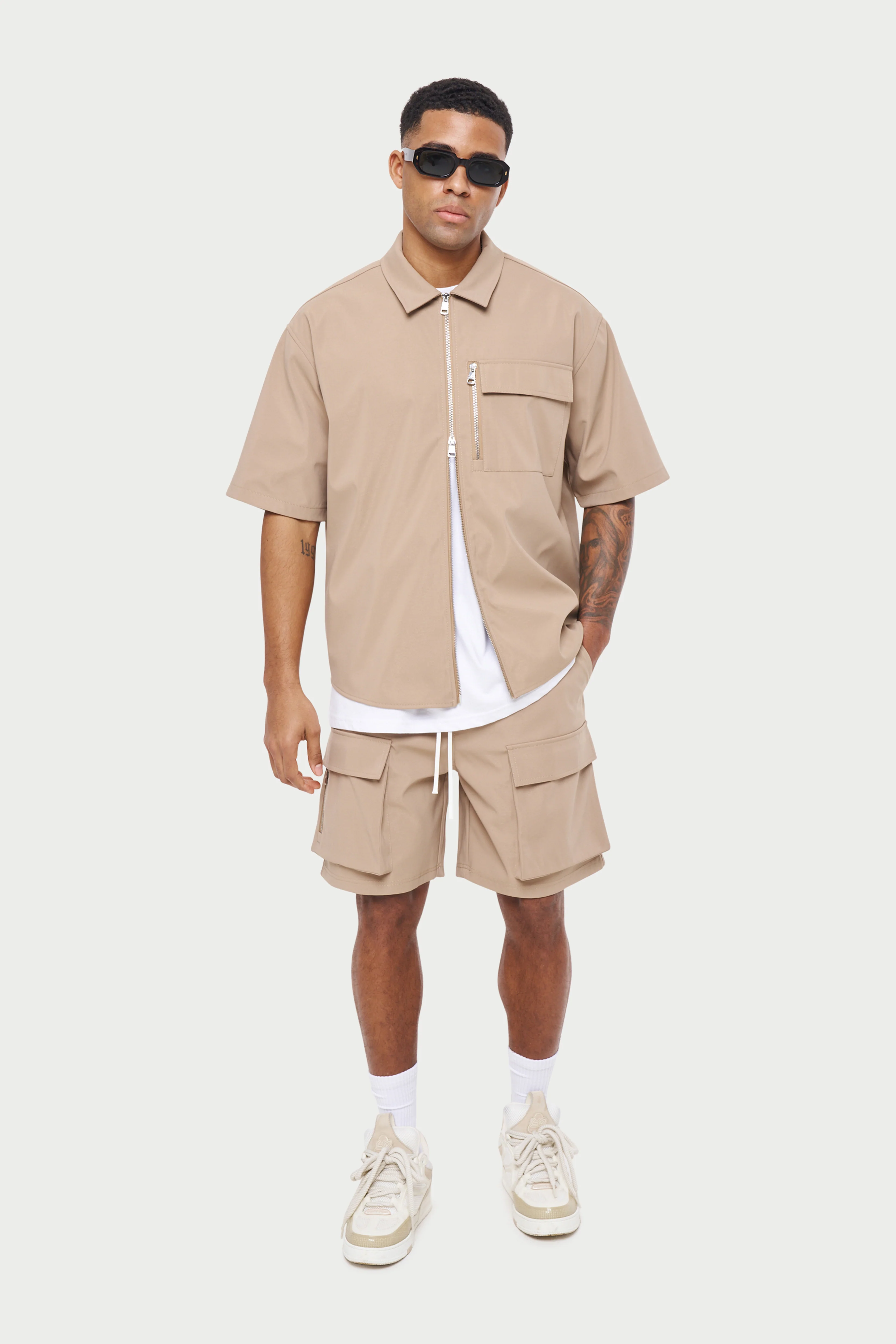 TECHNICAL HEAVYWEIGHT ZIP OVERSHIRT - BEIGE
