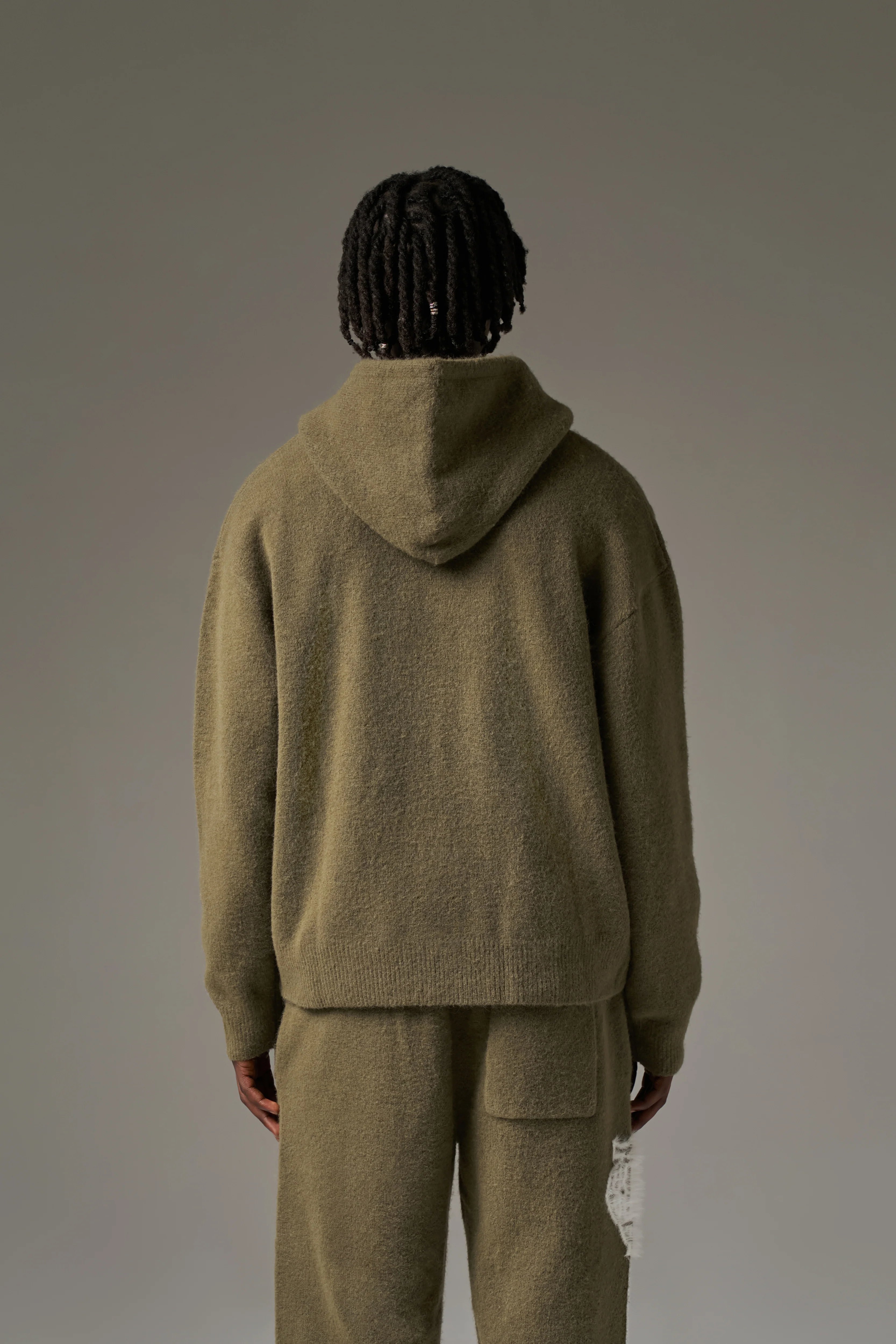 MONOGRAM EMBLEM FLUFFY KNIT ZIP THROUGH HOODIE - KHAKI