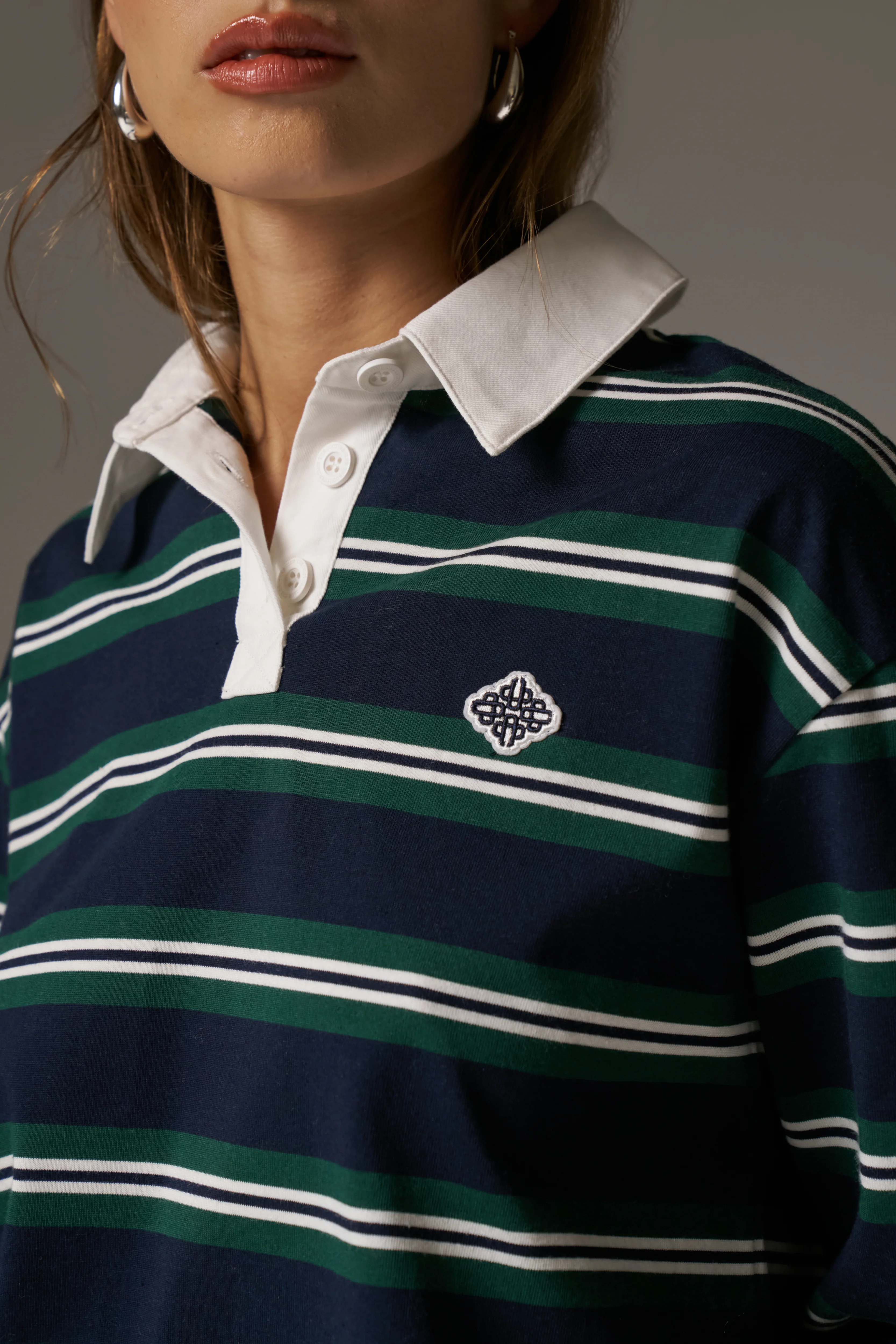 STRIPED LONG SLEEVE POLO TEE - NAVY