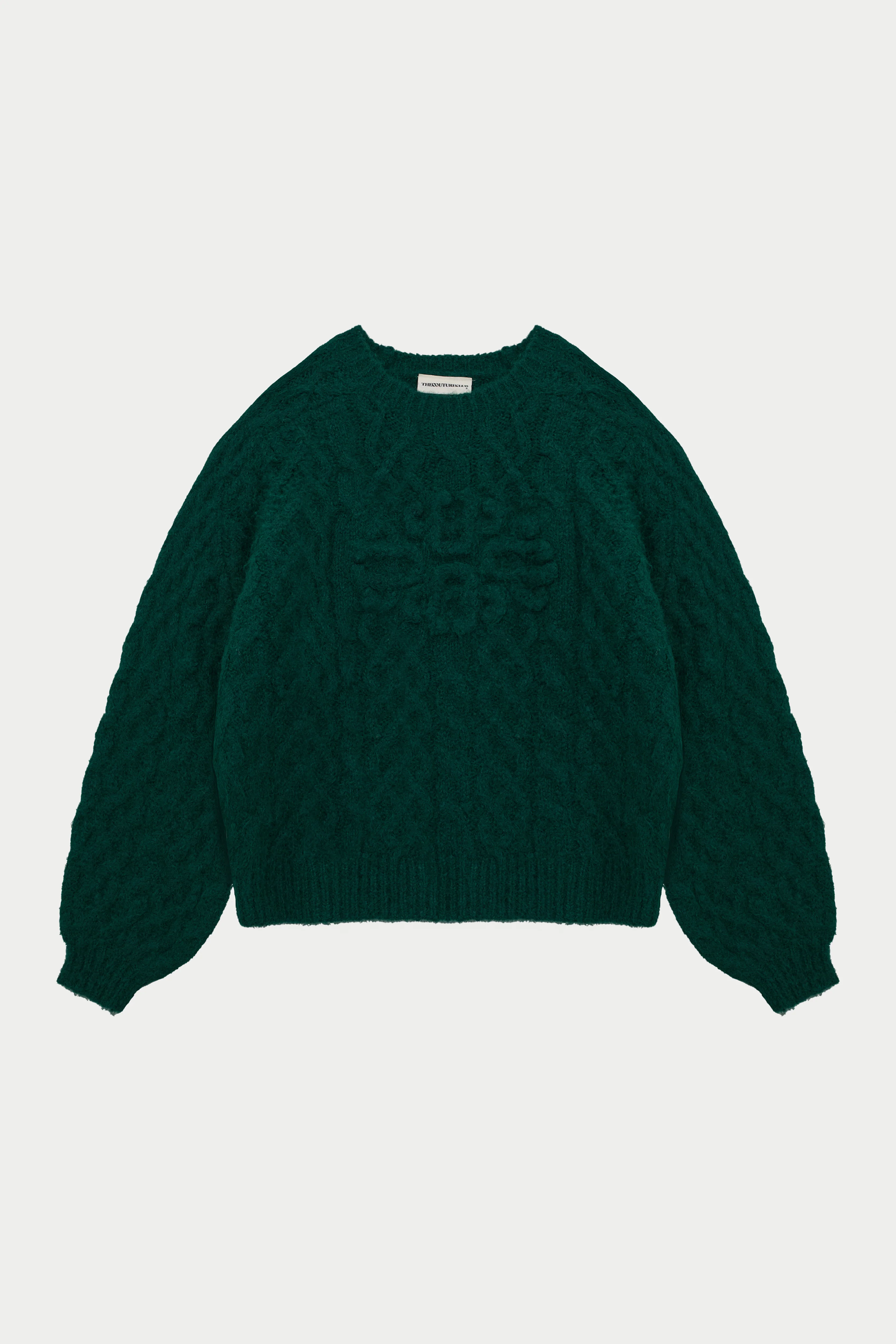 FLUFFY CABLE KNIT EMBLEM JUMPER - FOREST GREEN