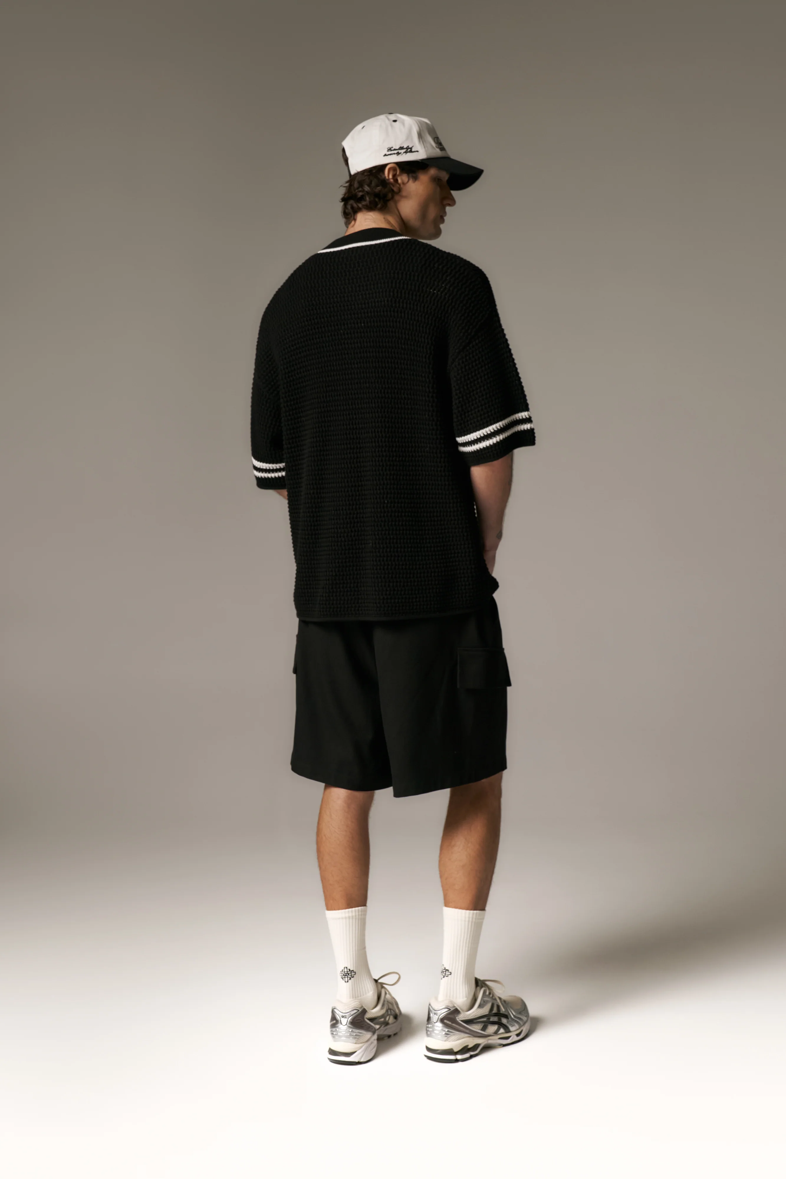 CROCHET KNITTED BASEBALL SHIRT - BLACK