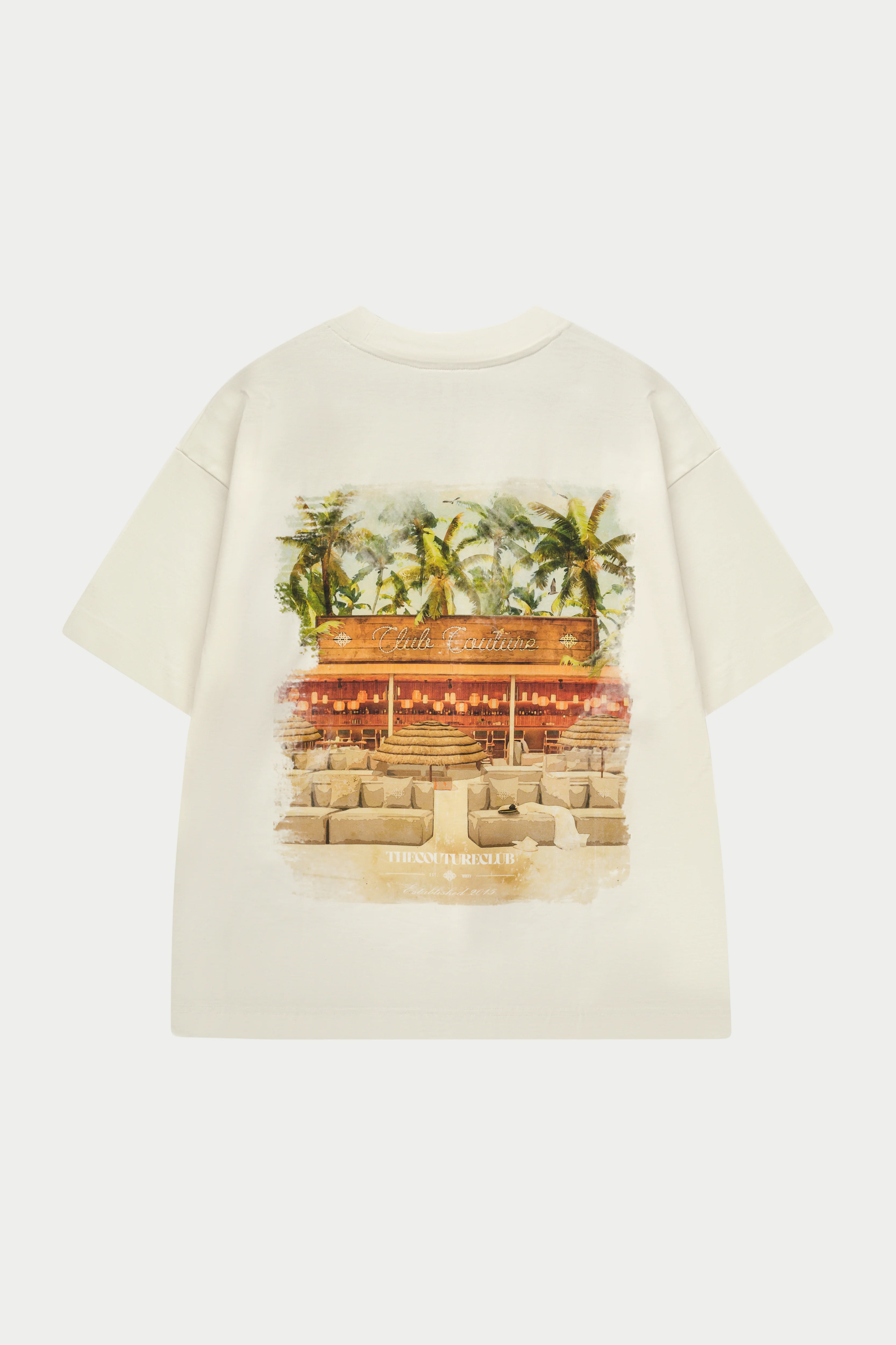 WATERCOLOUR BEACH CLUB PRINTED T-SHIRT - OFF WHITE