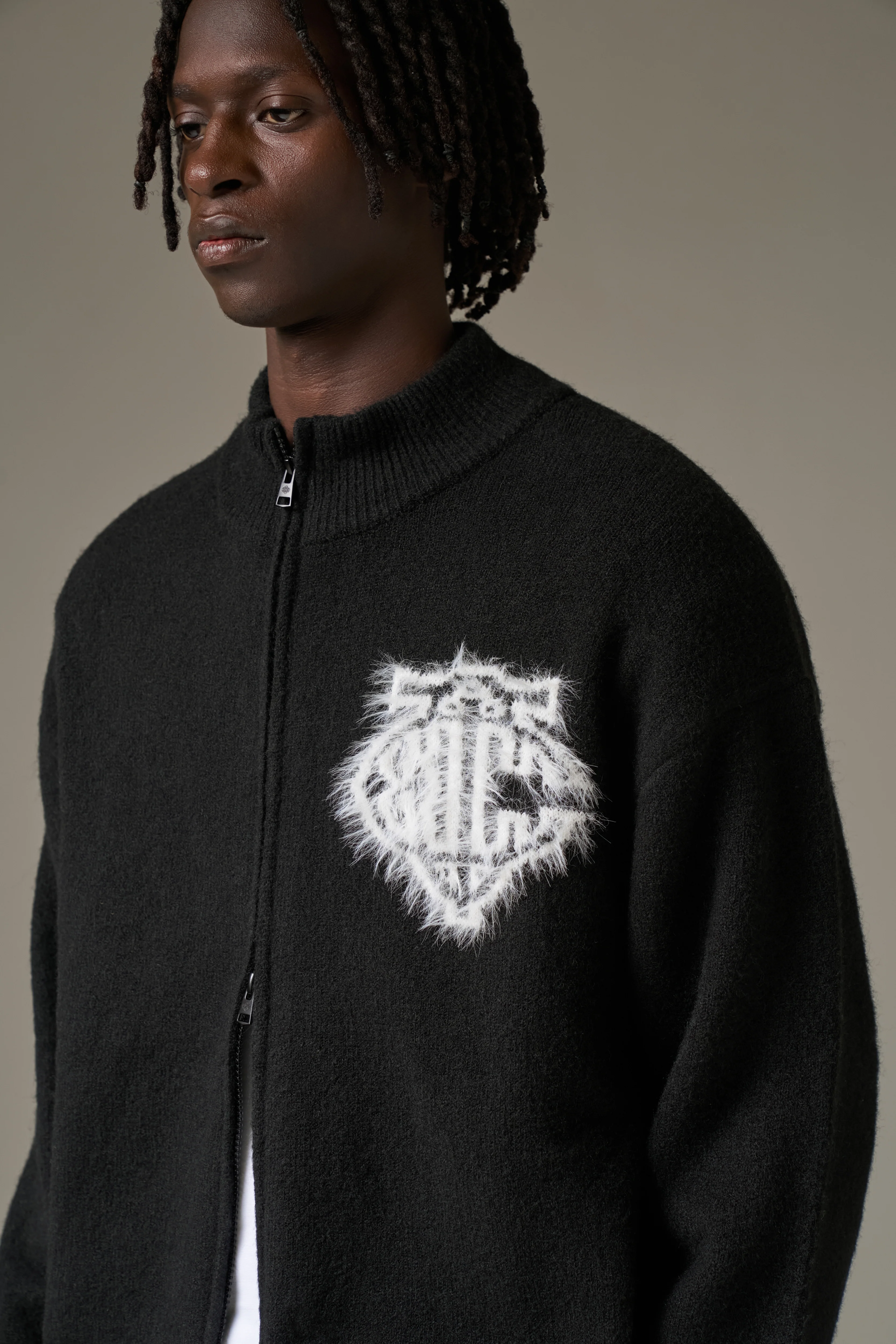 MONOGRAM EMBLEM FLUFFY KNIT ZIP THROUGH - BLACK