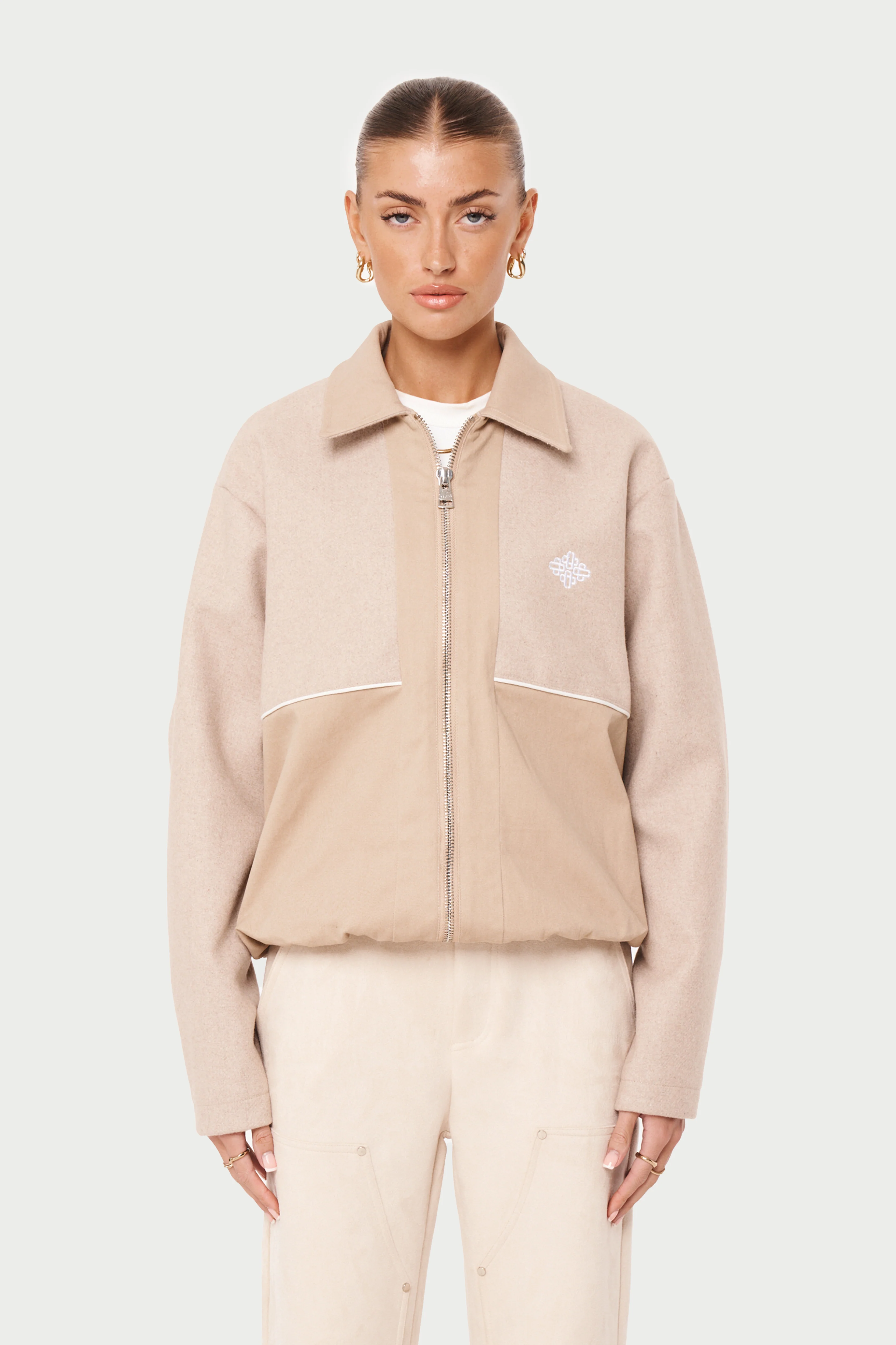 TWEED PANELLED BOMBER JACKET - BEIGE