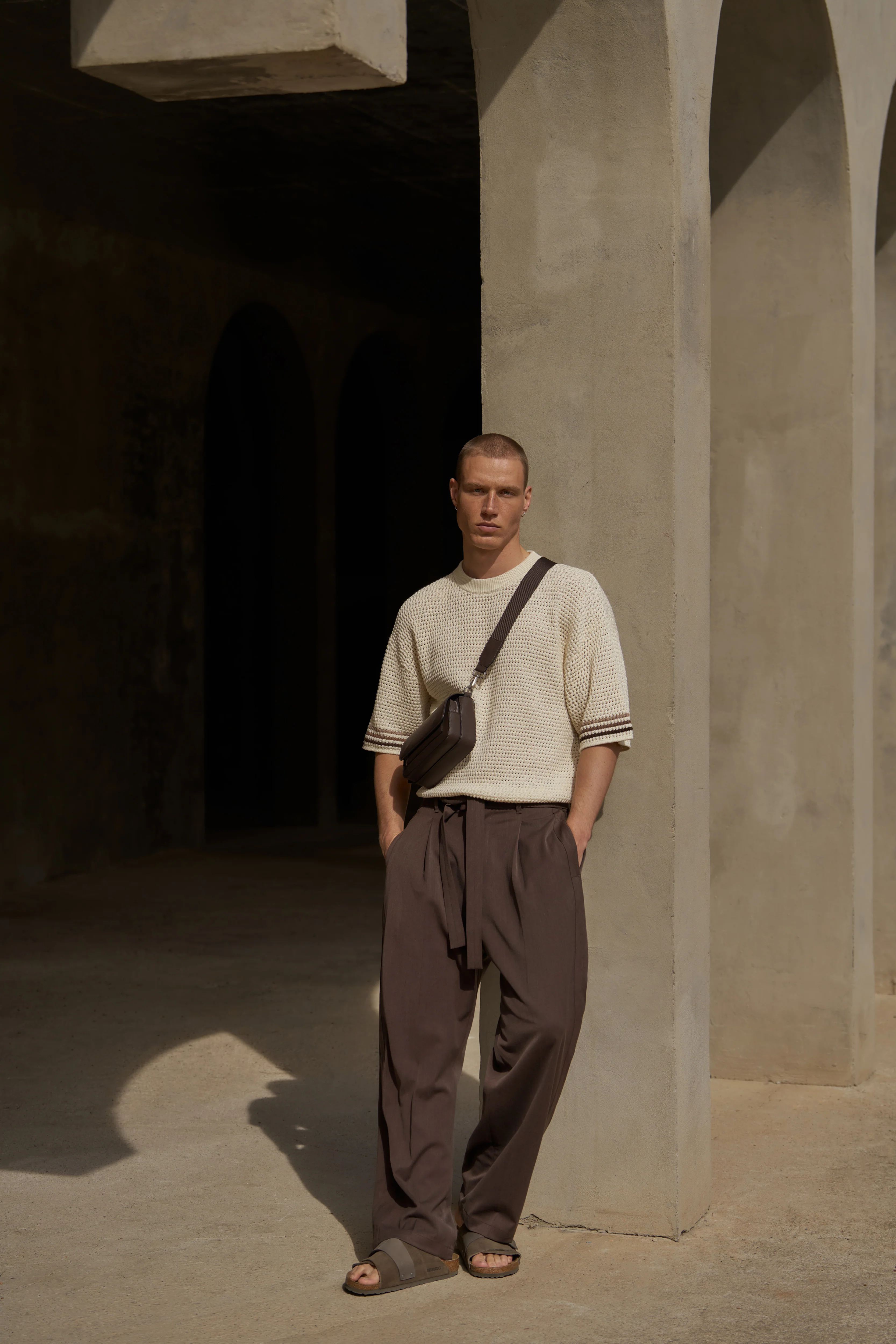 STRIPE CROCHET KNIT T-SHIRT - OFF WHITE