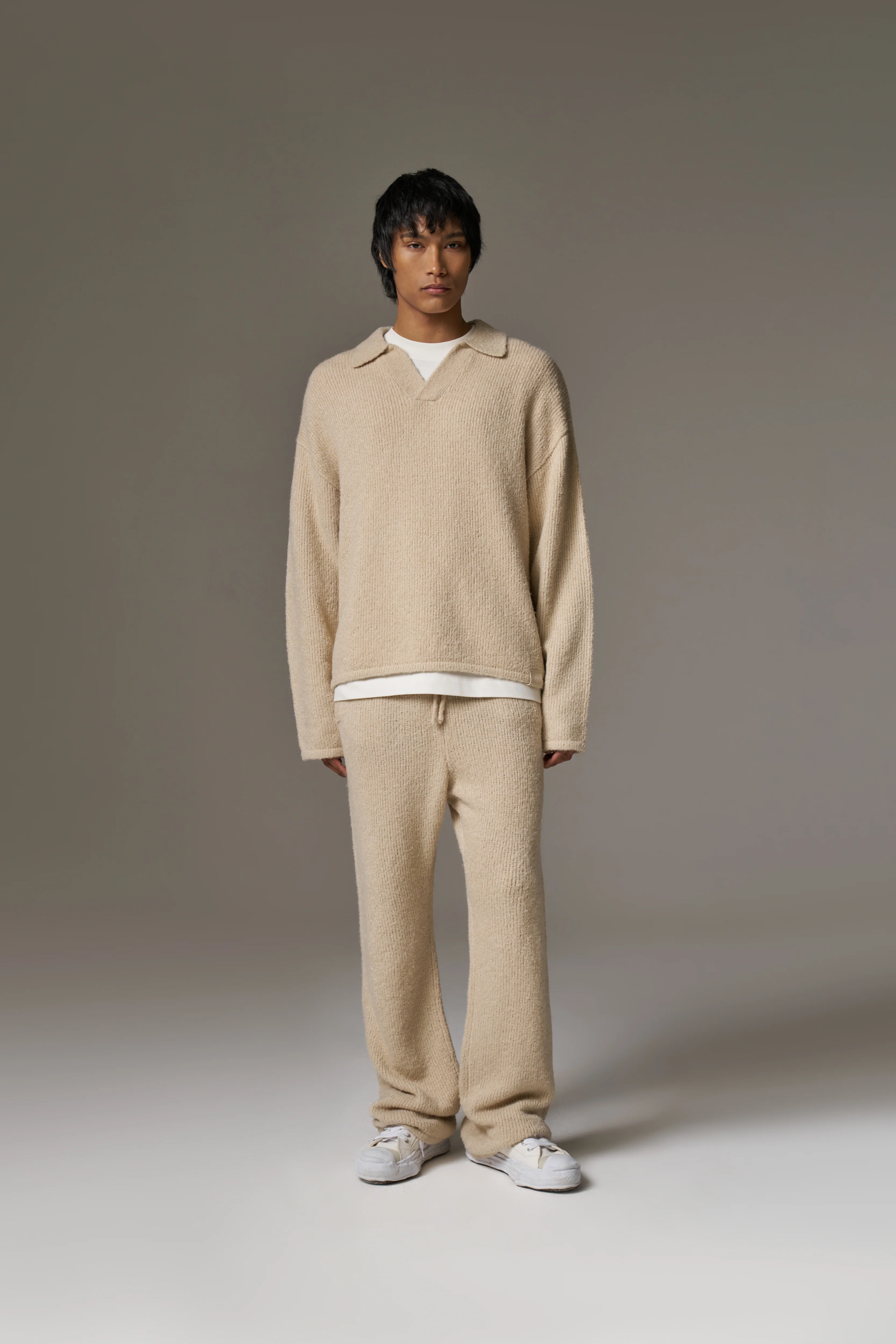 BOUCLE KNIT LONG SLEEVE POLO - STONE