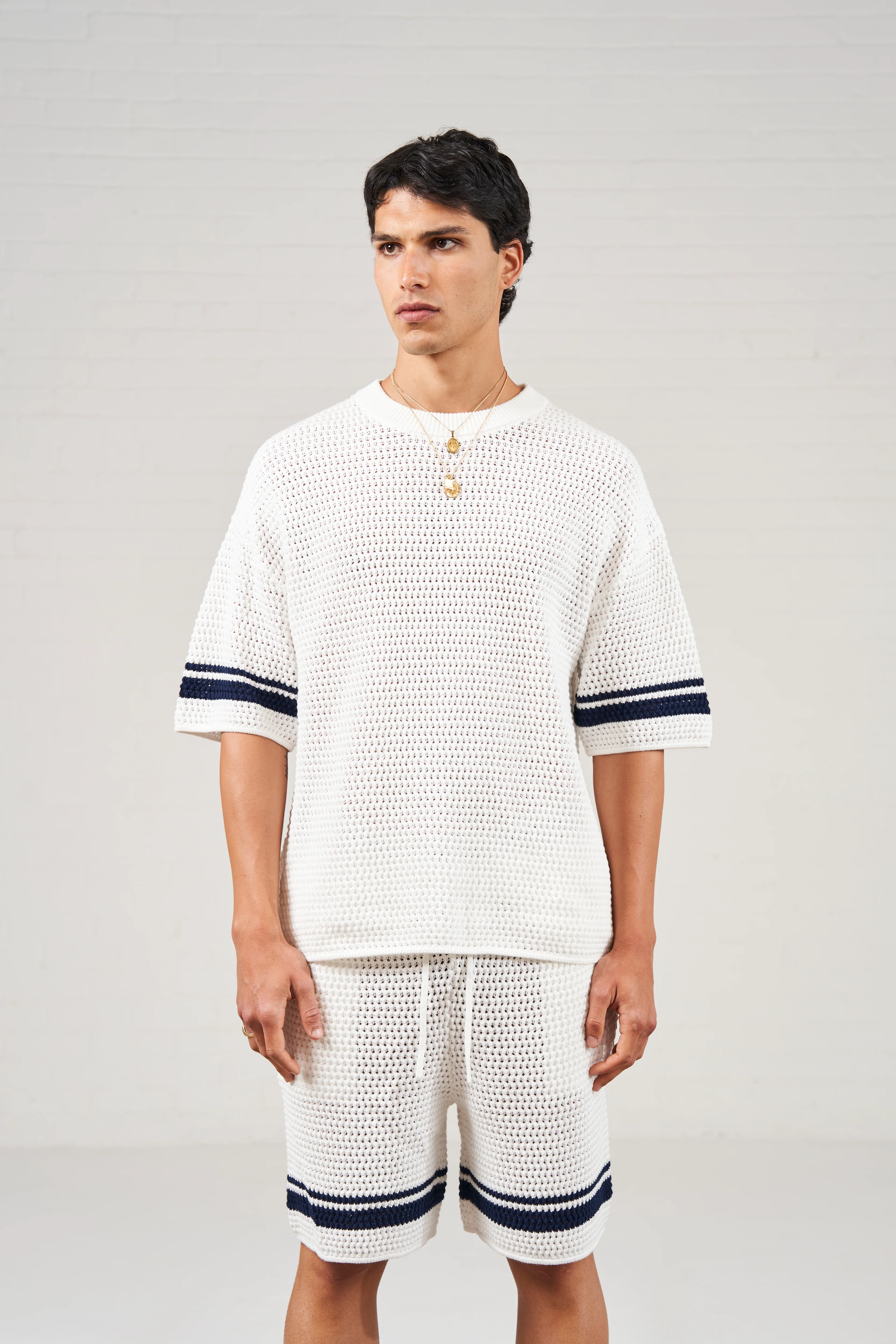 CROCHET KNITTED CONTRAST STRIPE T-SHIRT - WHITE