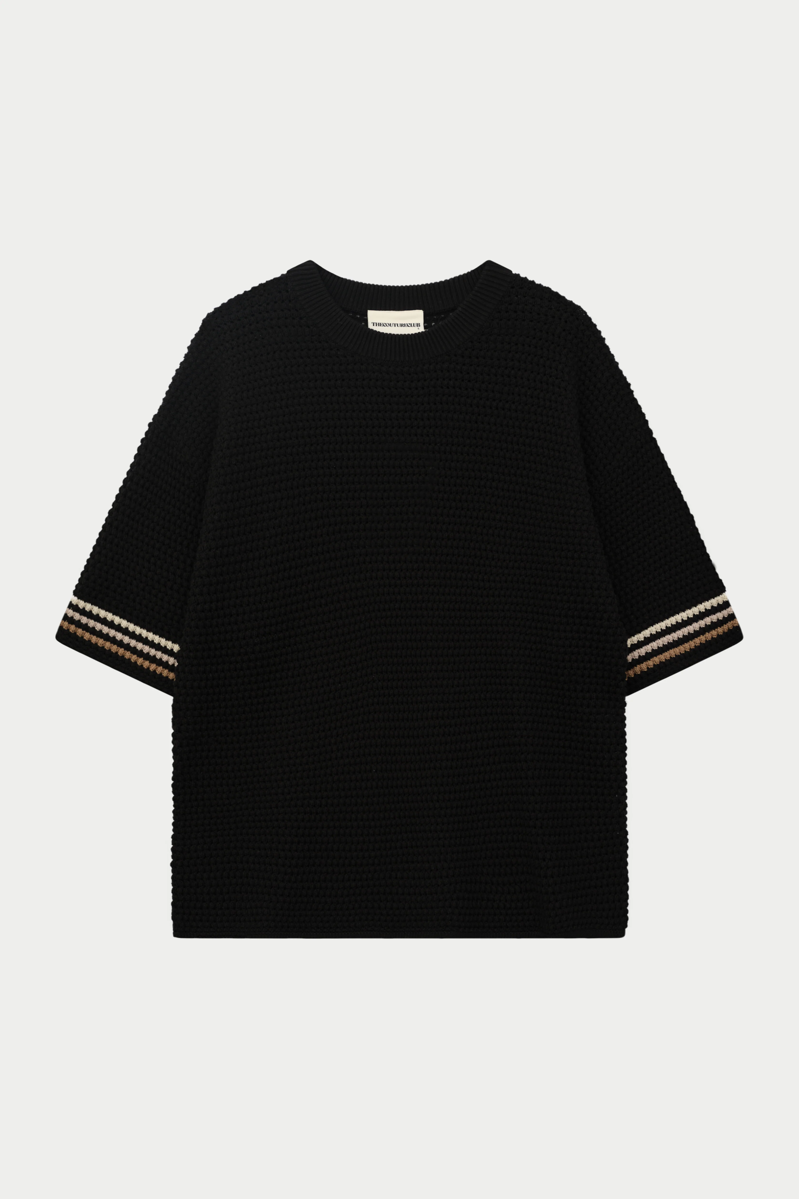 STRIPE CROCHET KNIT T-SHIRT - BLACK
