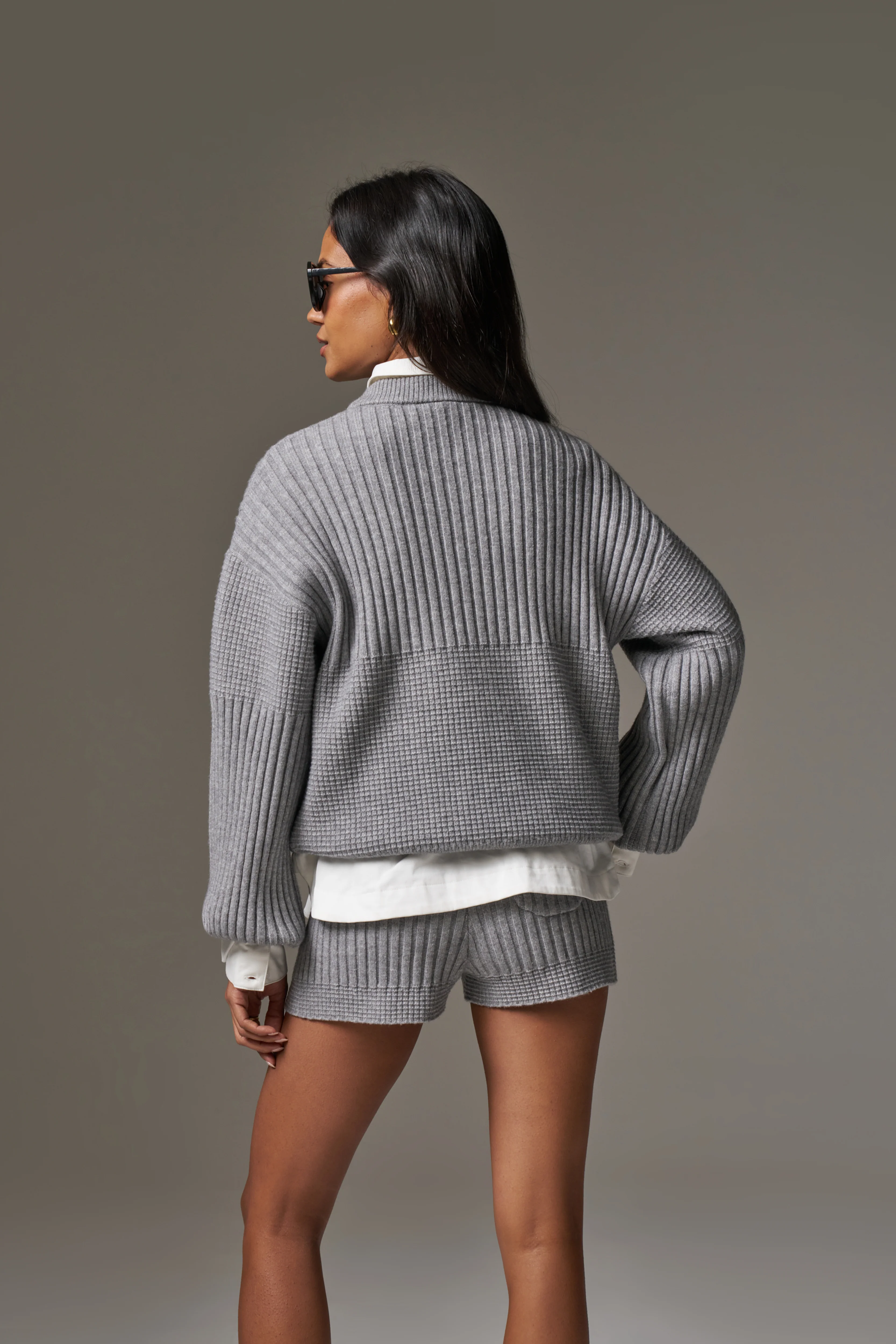 CONTRAST KNIT OVERSIZED CREW - GREY MARL