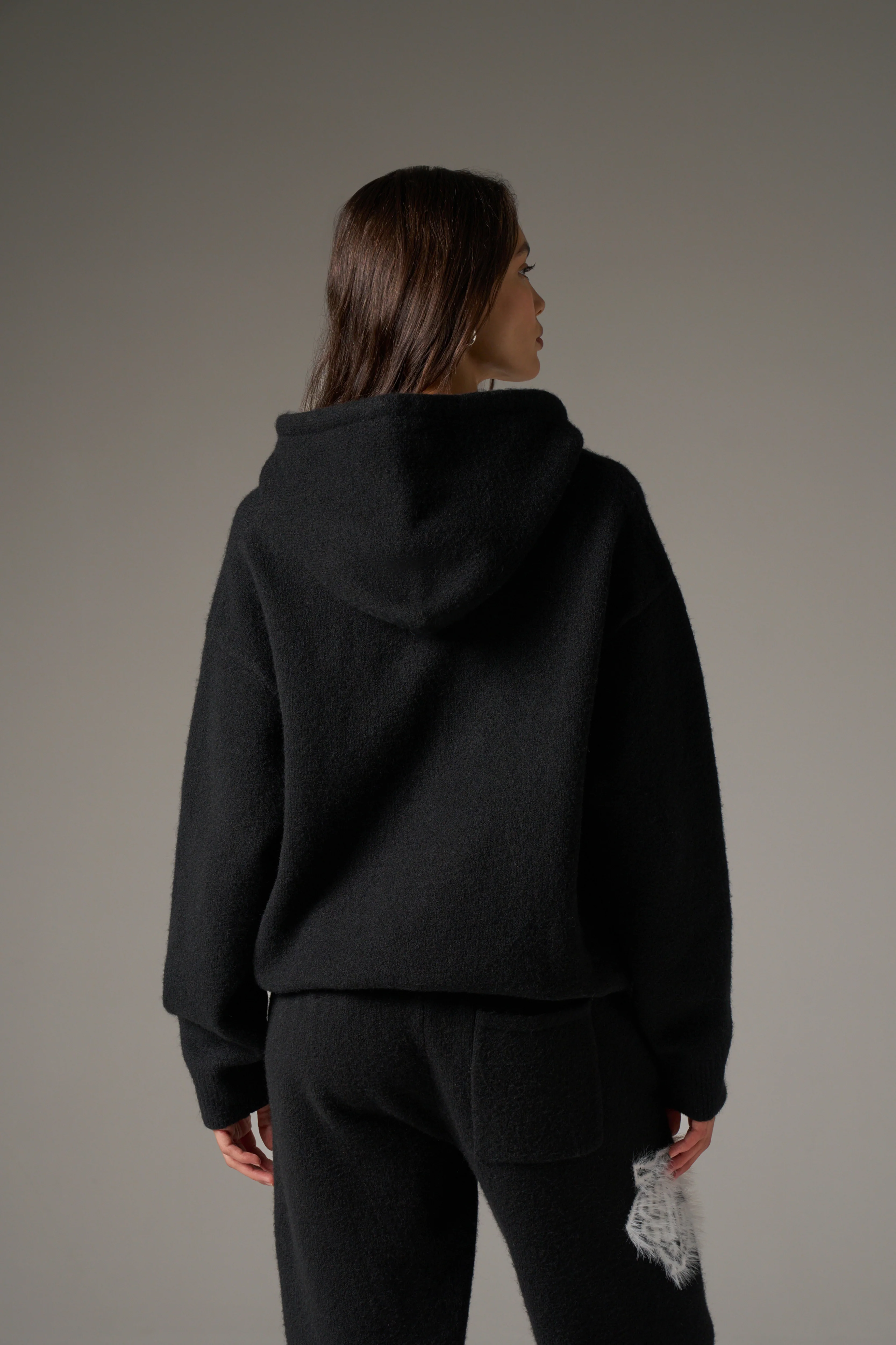 MONOGRAM EMBLEM FLUFFY KNIT ZIP THROUGH HOODIE - BLACK