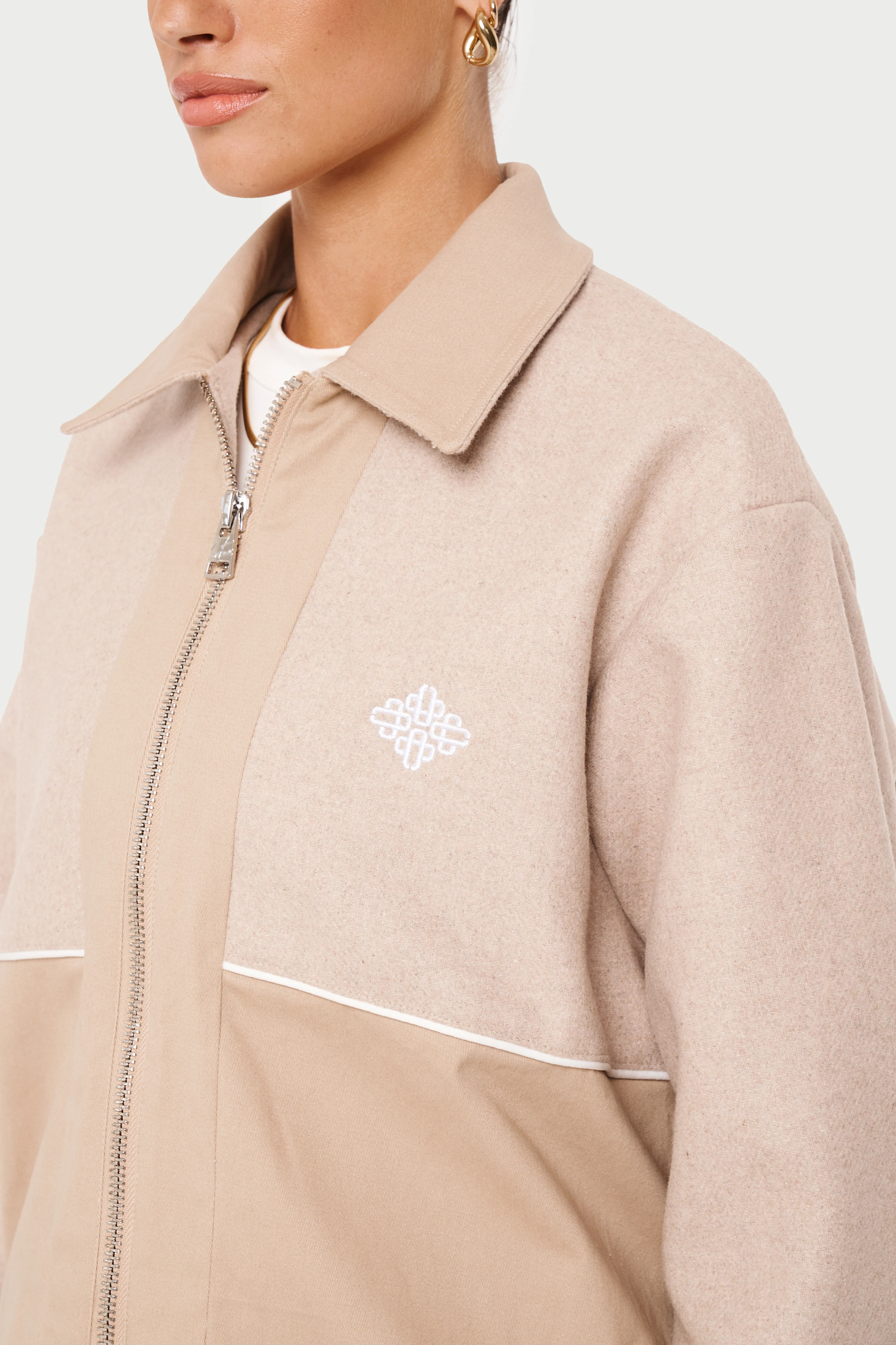 TWEED PANELLED BOMBER JACKET - BEIGE