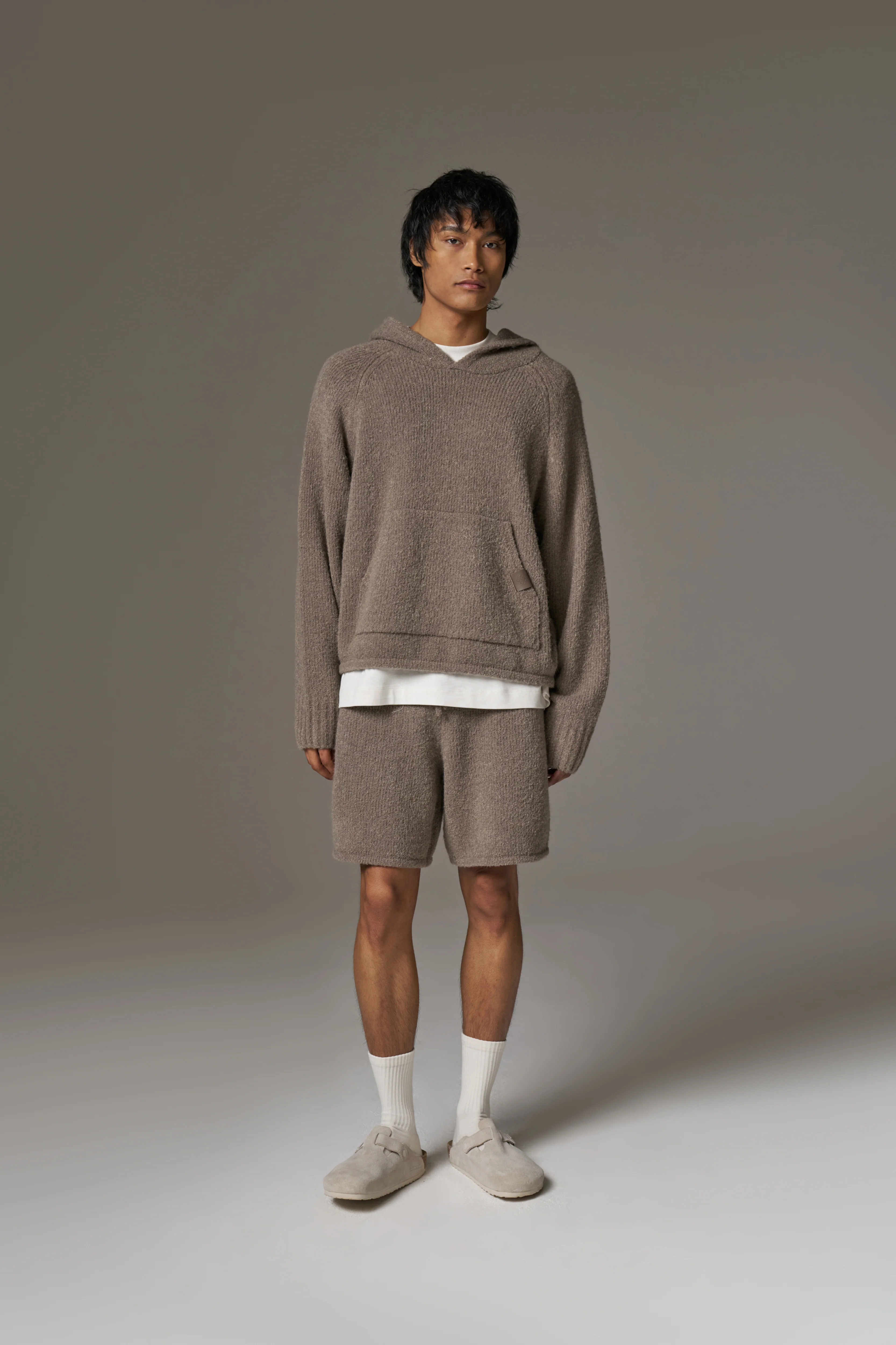 BOUCLE KNIT HOODIE - BROWN