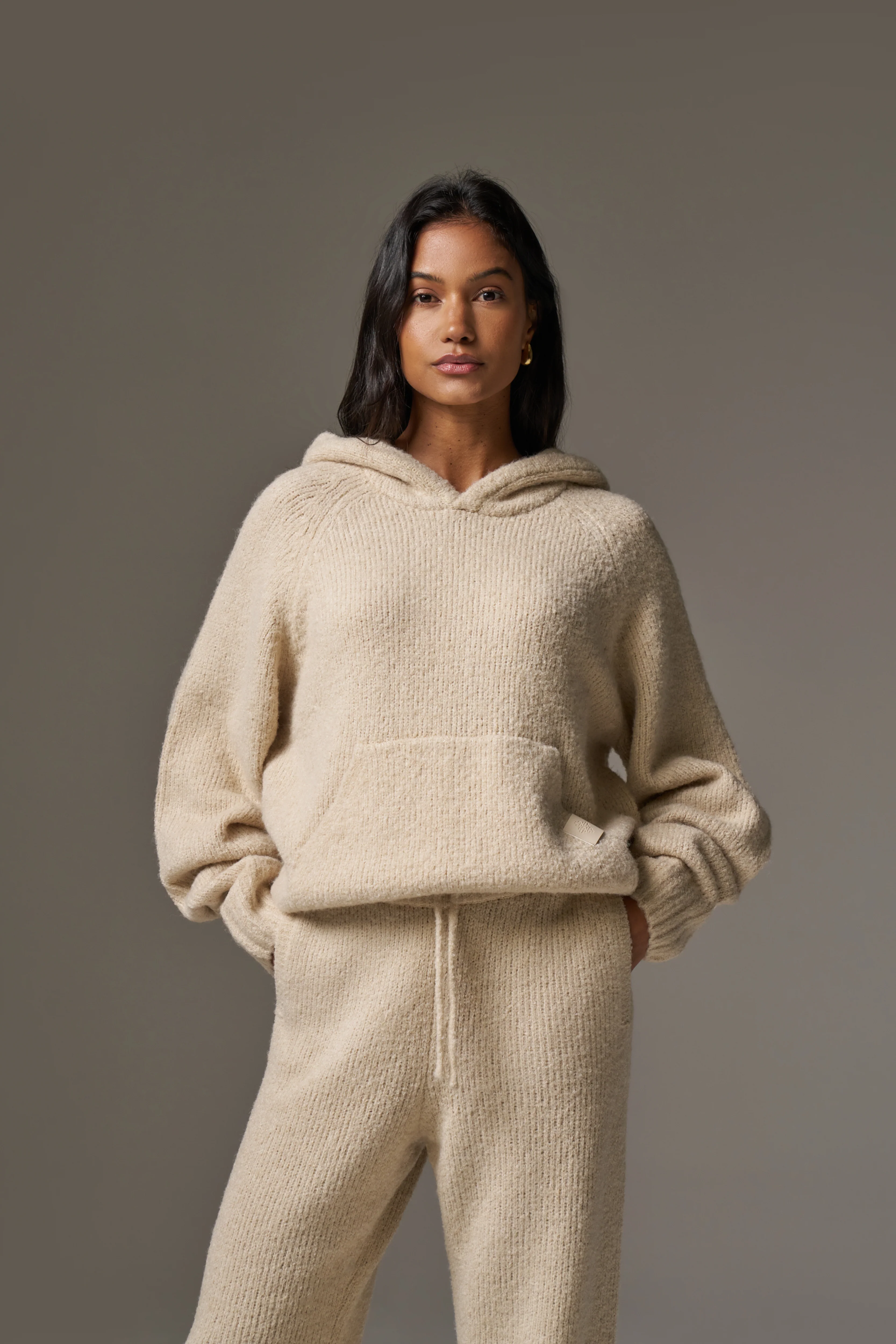 BOUCLE KNIT HOODIE - STONE