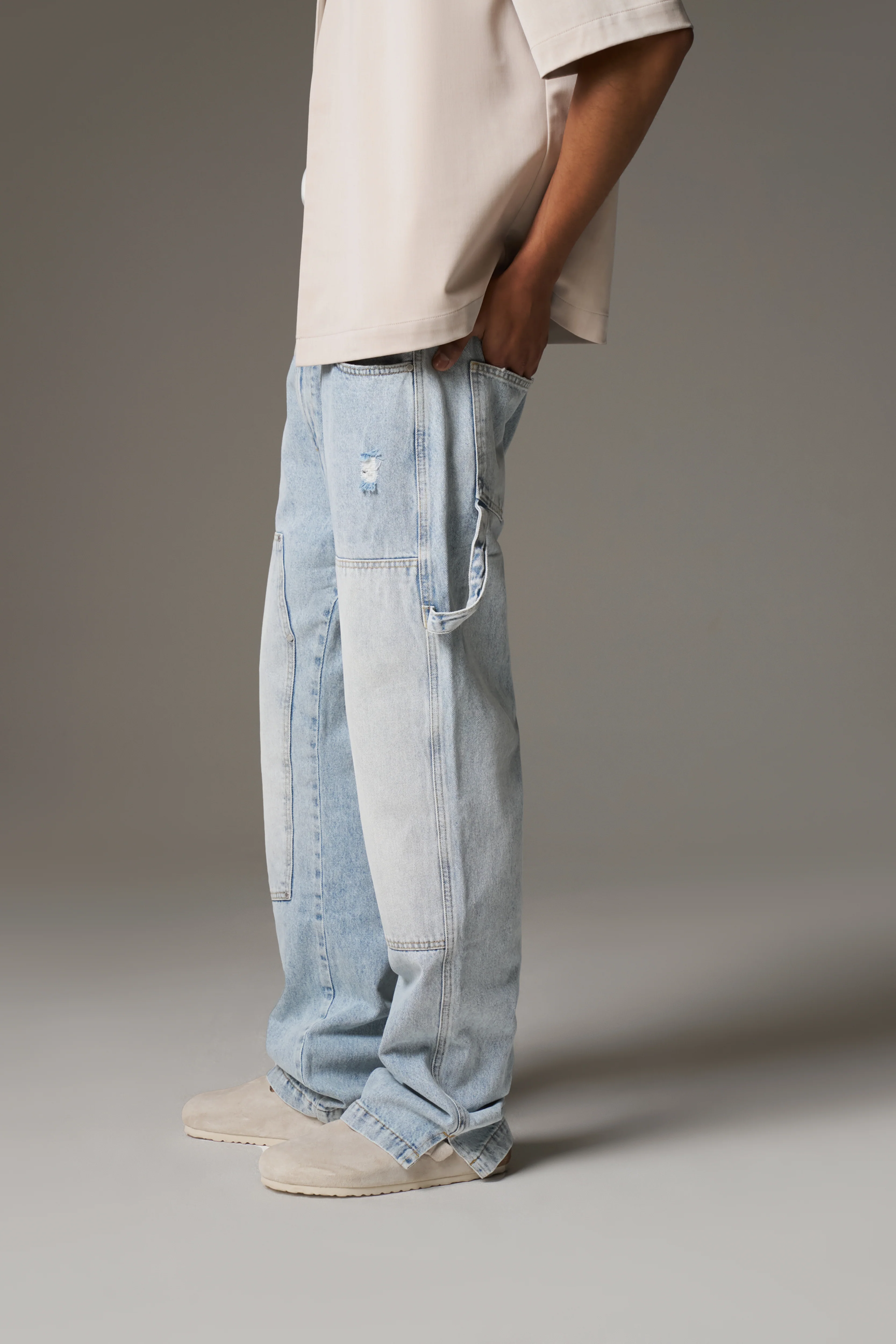 DENIM RIVET DETAIL CARPENTER JEANS - BLUE WASH