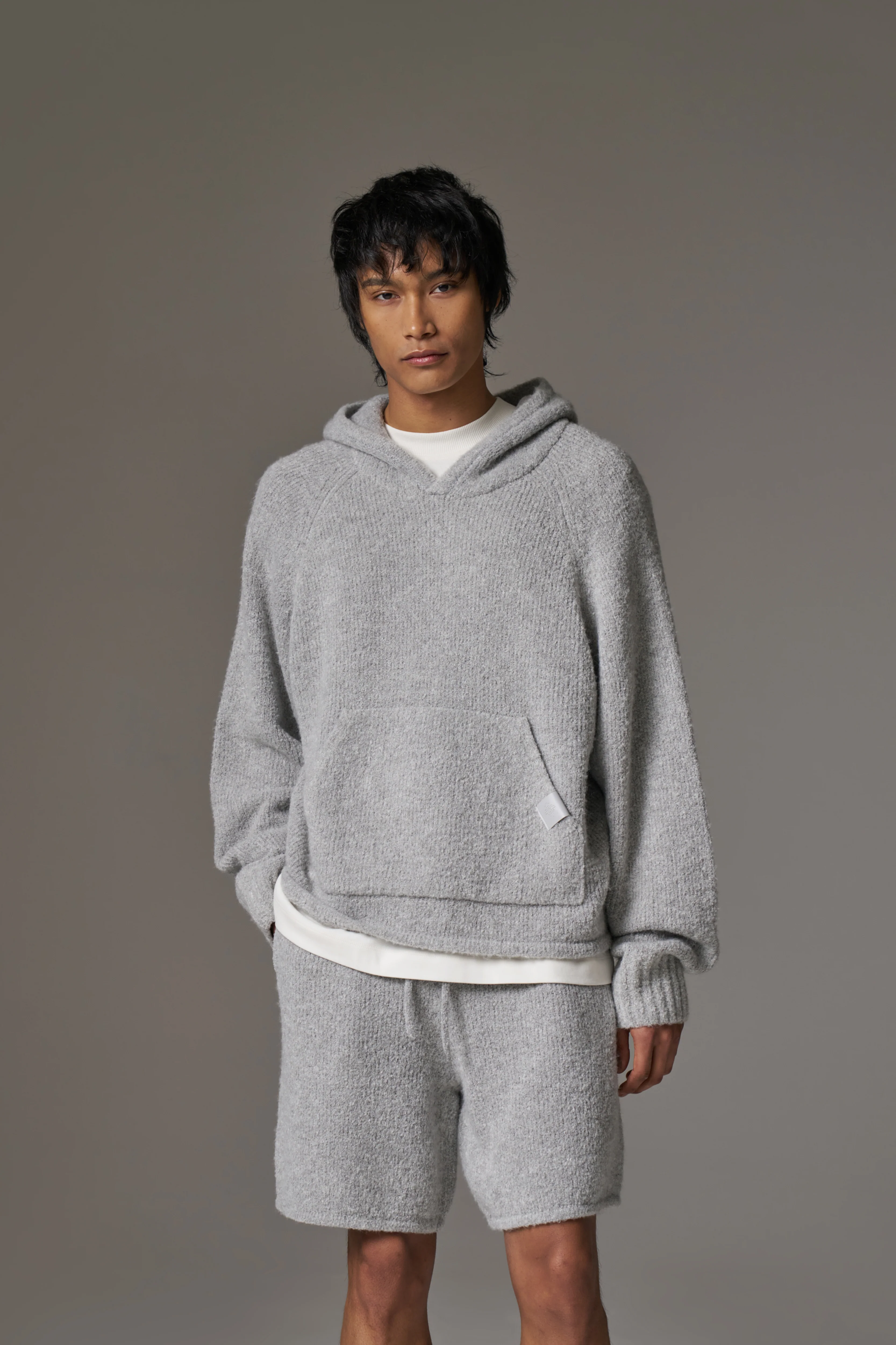 BOUCLE KNIT HOODIE - GREY MARL