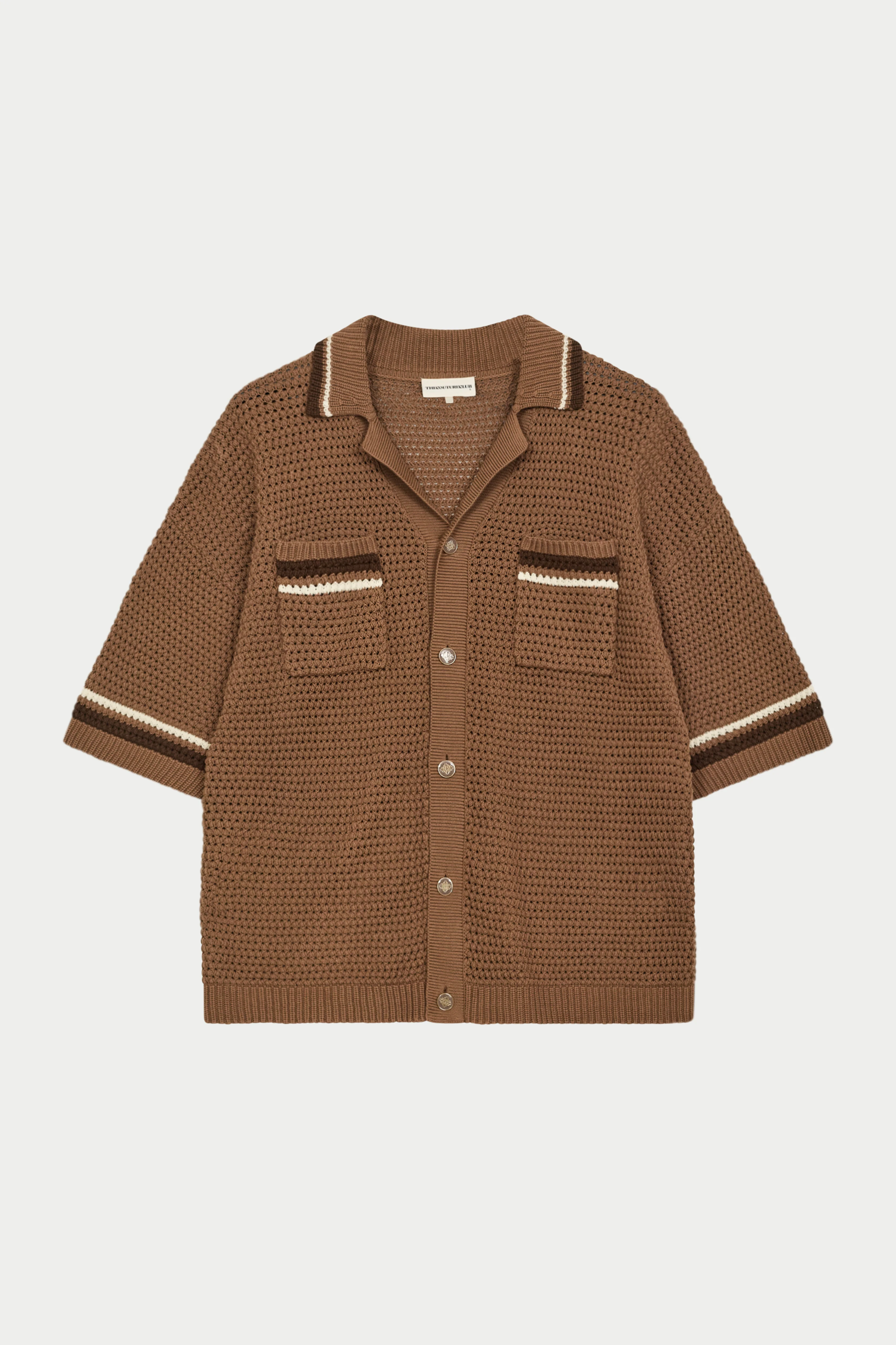CROCHET KNITTED STRIPE SHIRT - BROWN