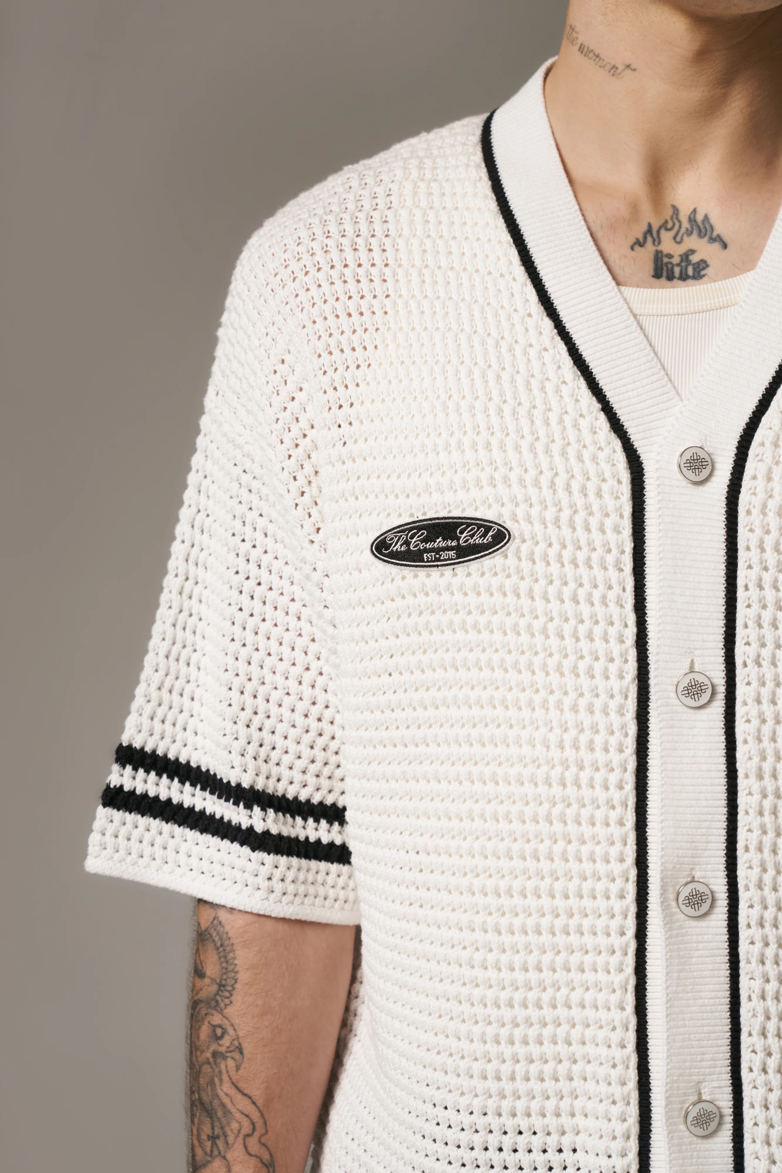 CROCHET KNITTED BASEBALL SHIRT - WHITE