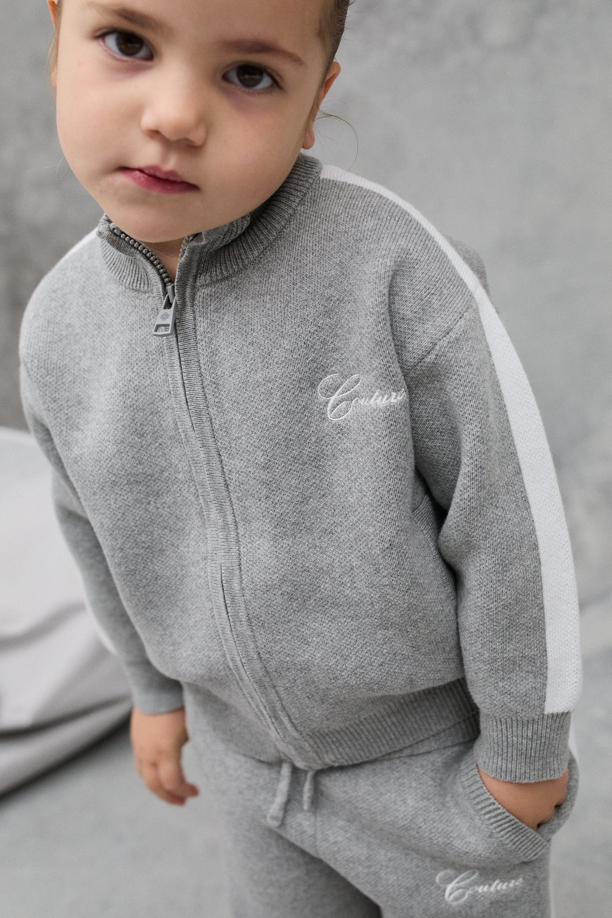 JNR SIDE STRIPE KNITTED ZIP THROUGH - GREY MARL