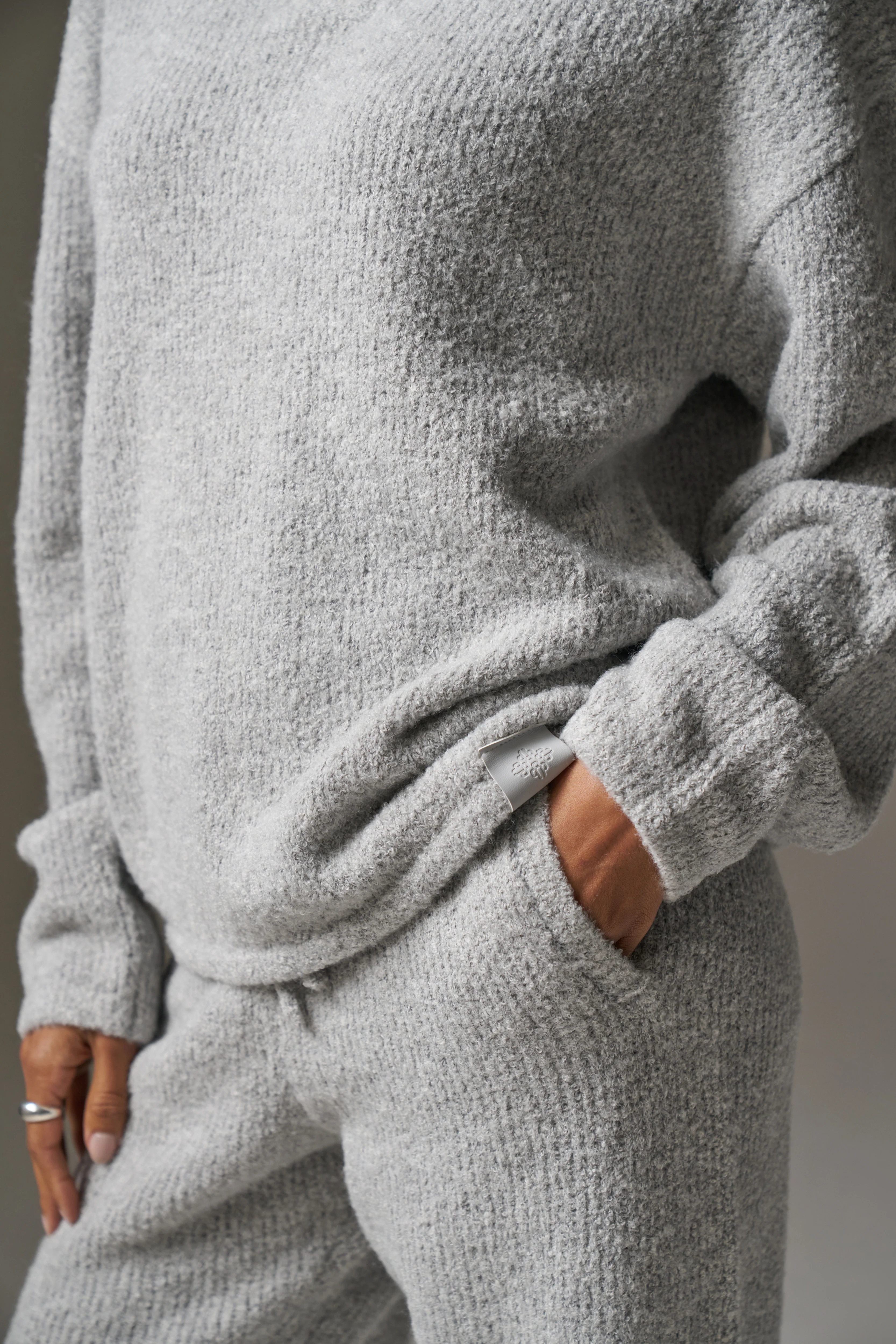 BOUCLE KNIT LONG SLEEVE POLO - GREY MARL