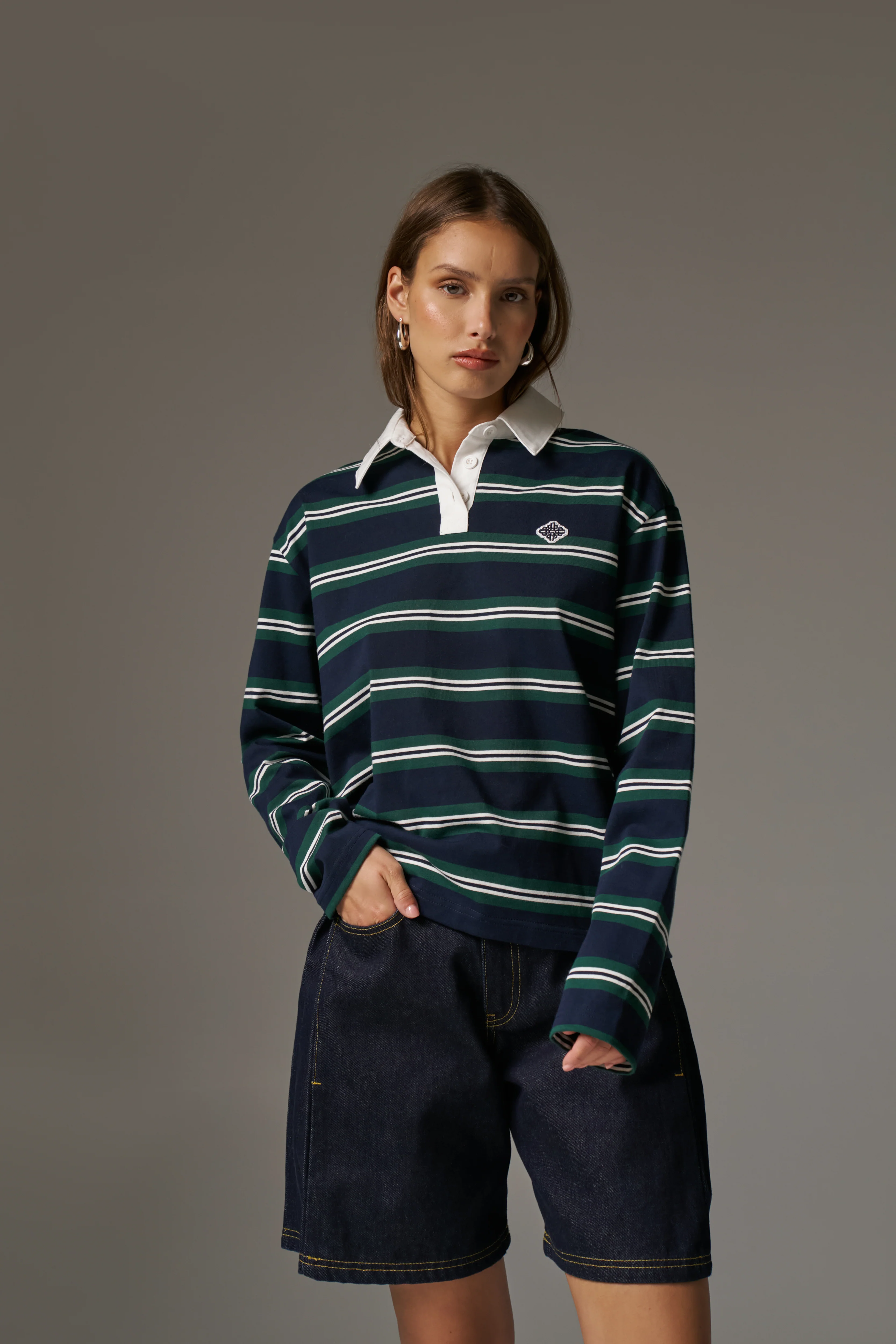 STRIPED LONG SLEEVE POLO TEE - NAVY