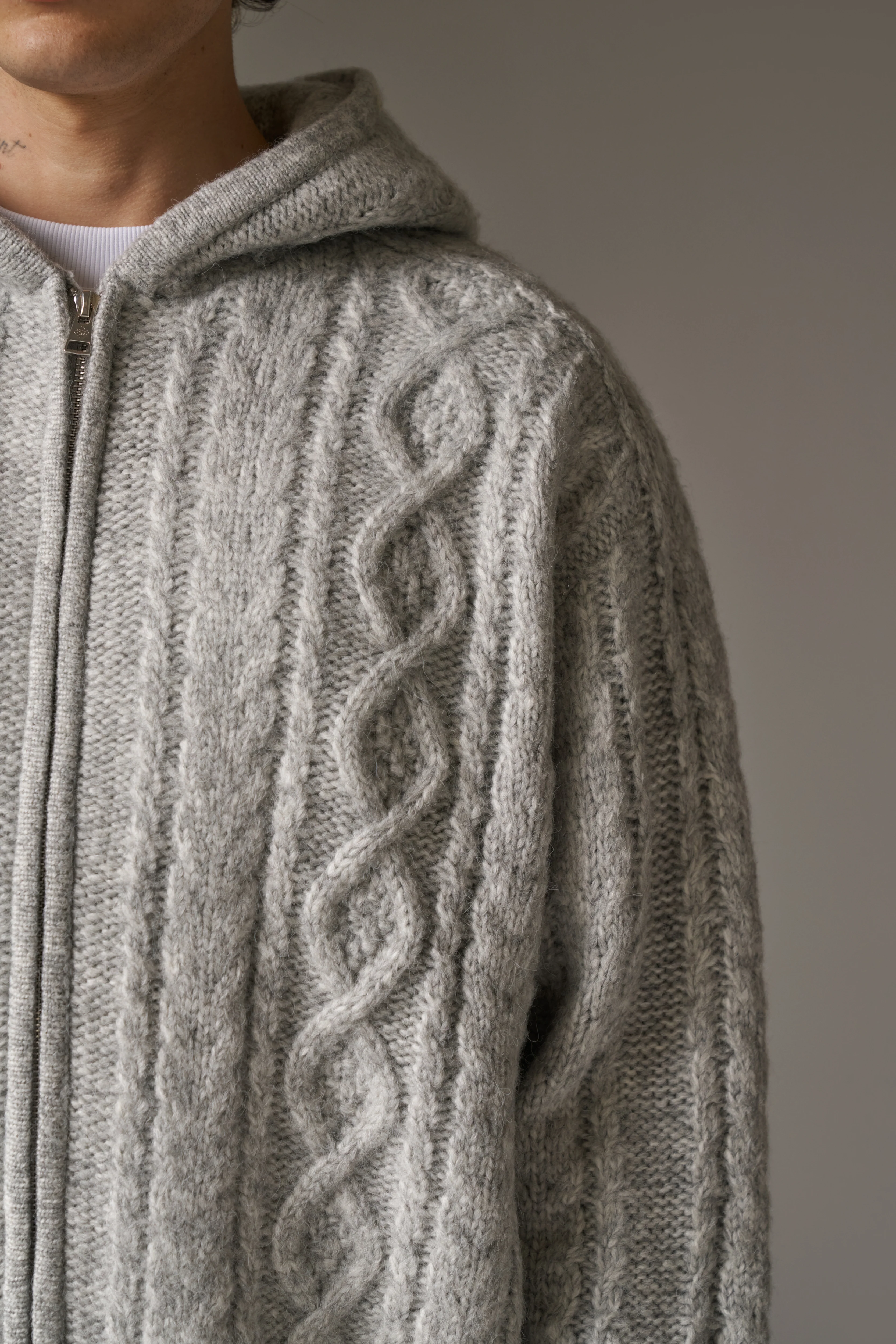 CABLE KNIT ZIP THROUGH HOODIE - GREY