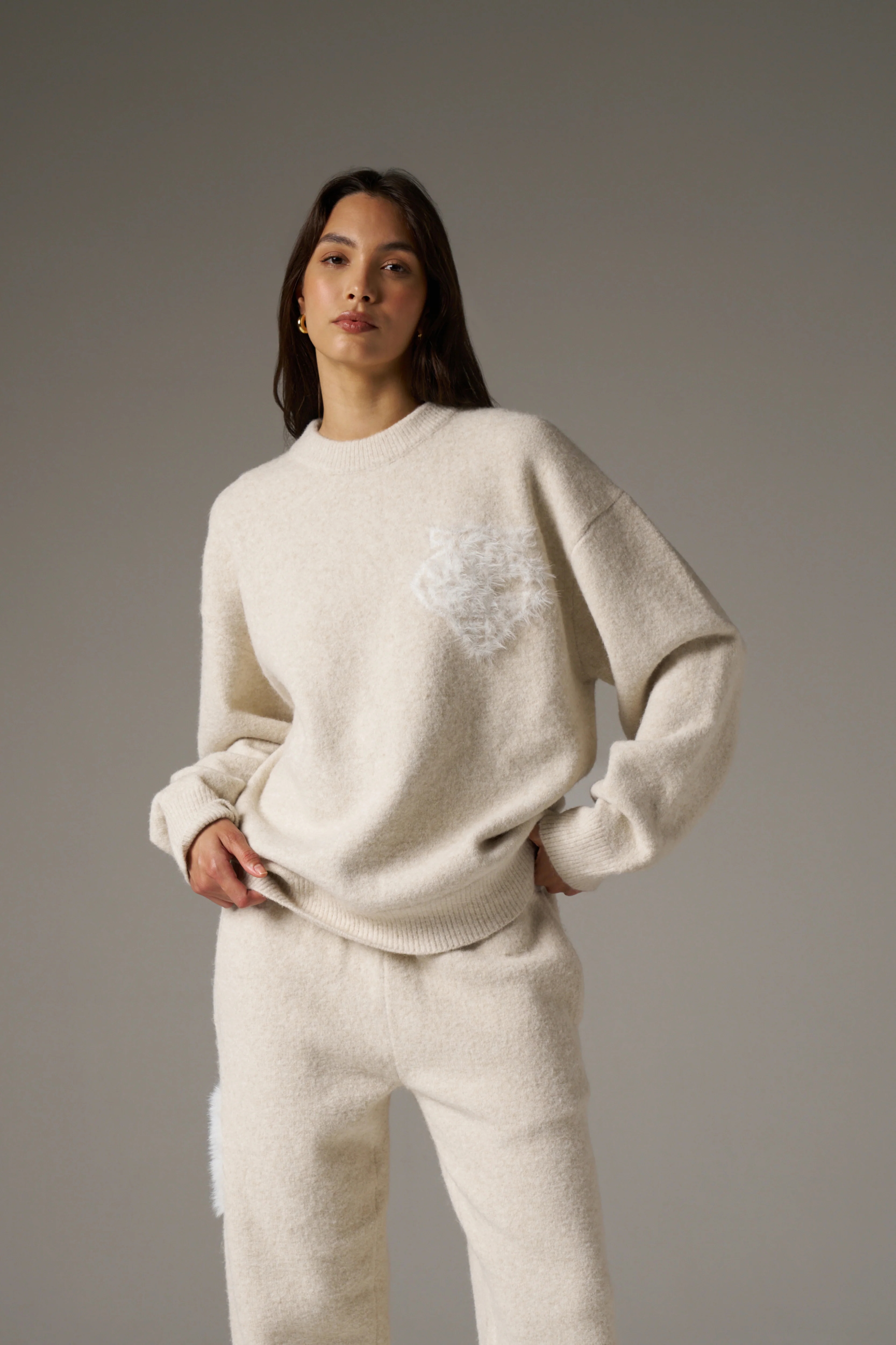 MONOGRAM EMBLEM FLUFFY KNIT CREW - BEIGE