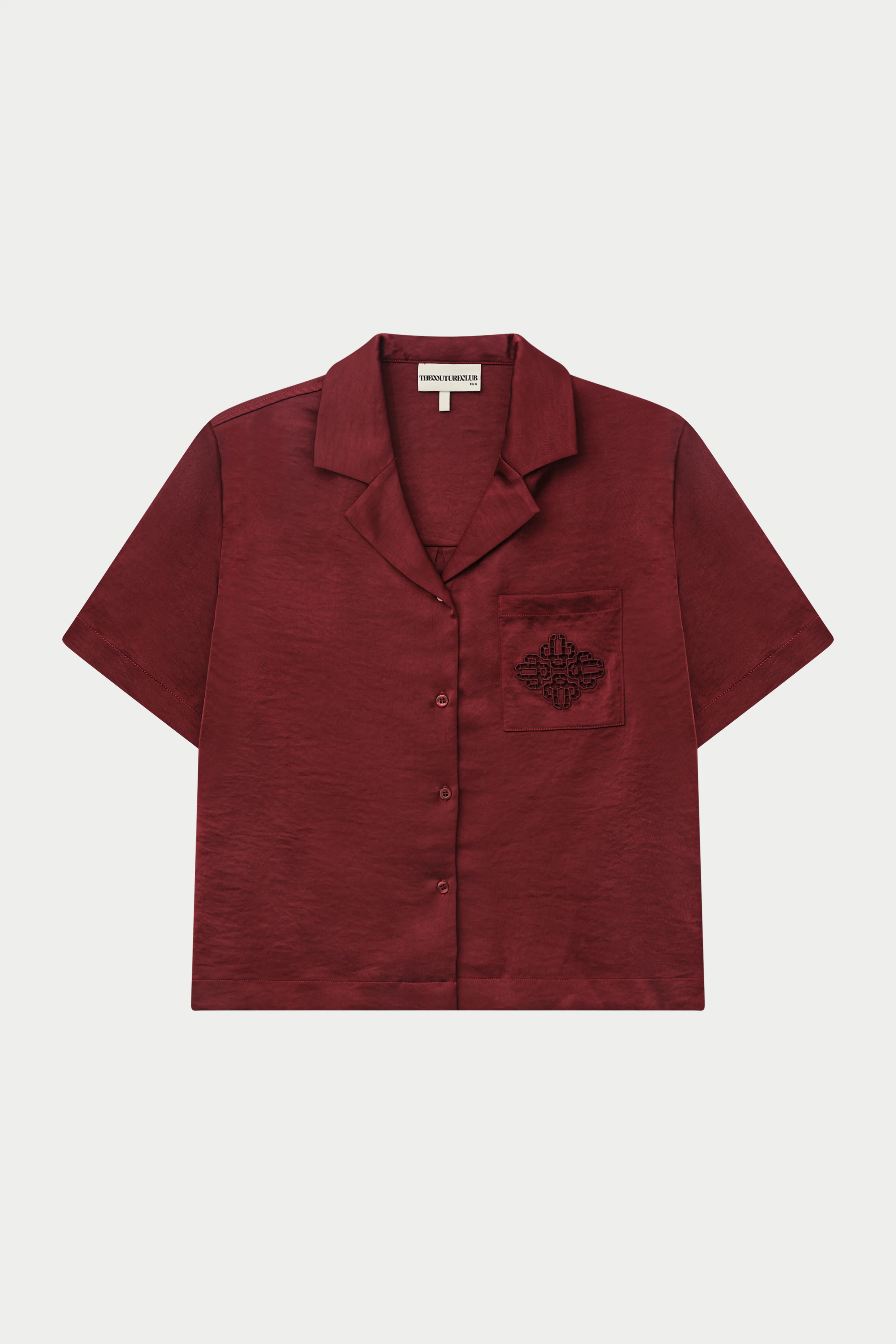 SATIN SHORT SLEEVE EMBLEM SHIRT - BURGUNDY