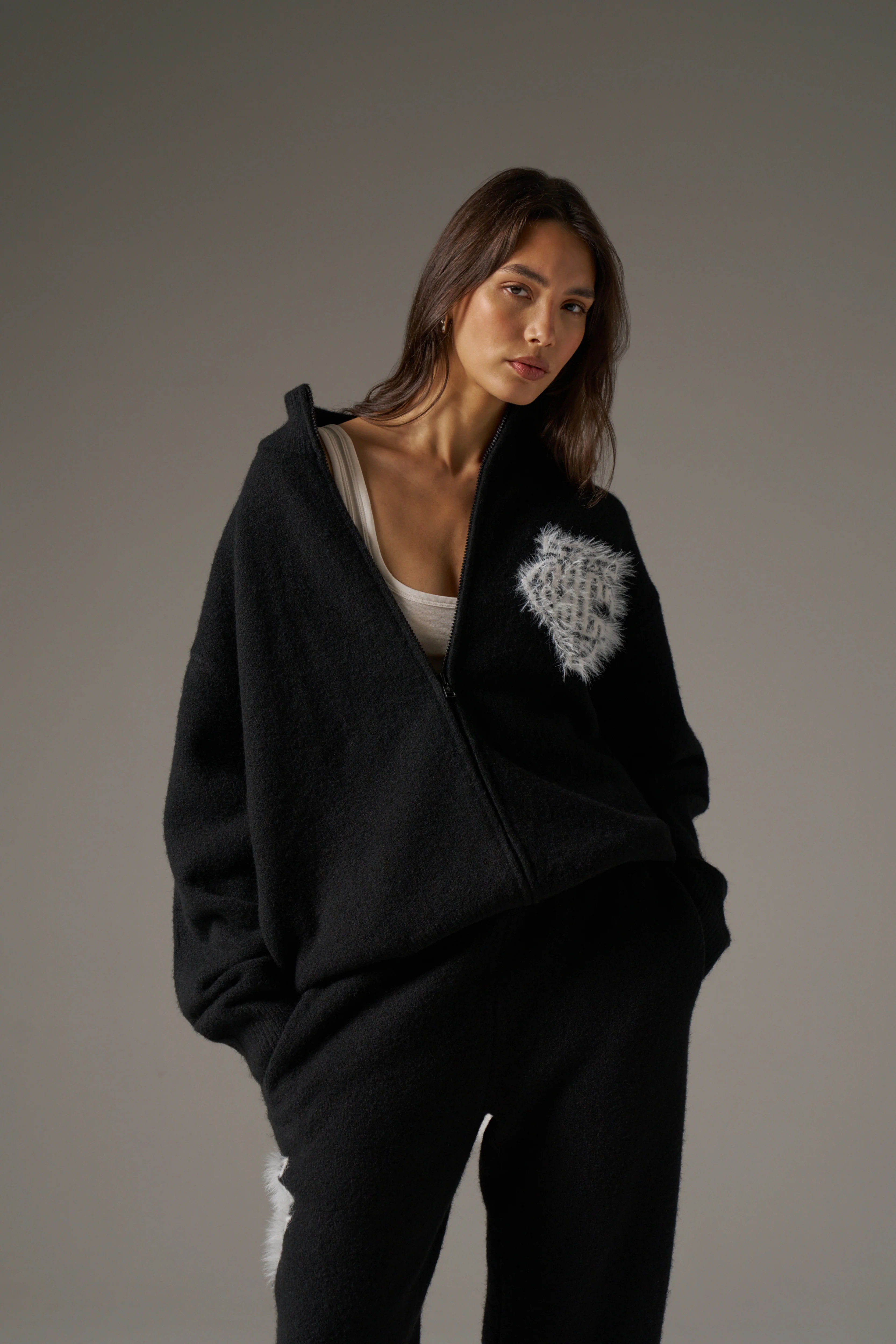 MONOGRAM EMBLEM FLUFFY KNIT ZIP THROUGH - BLACK