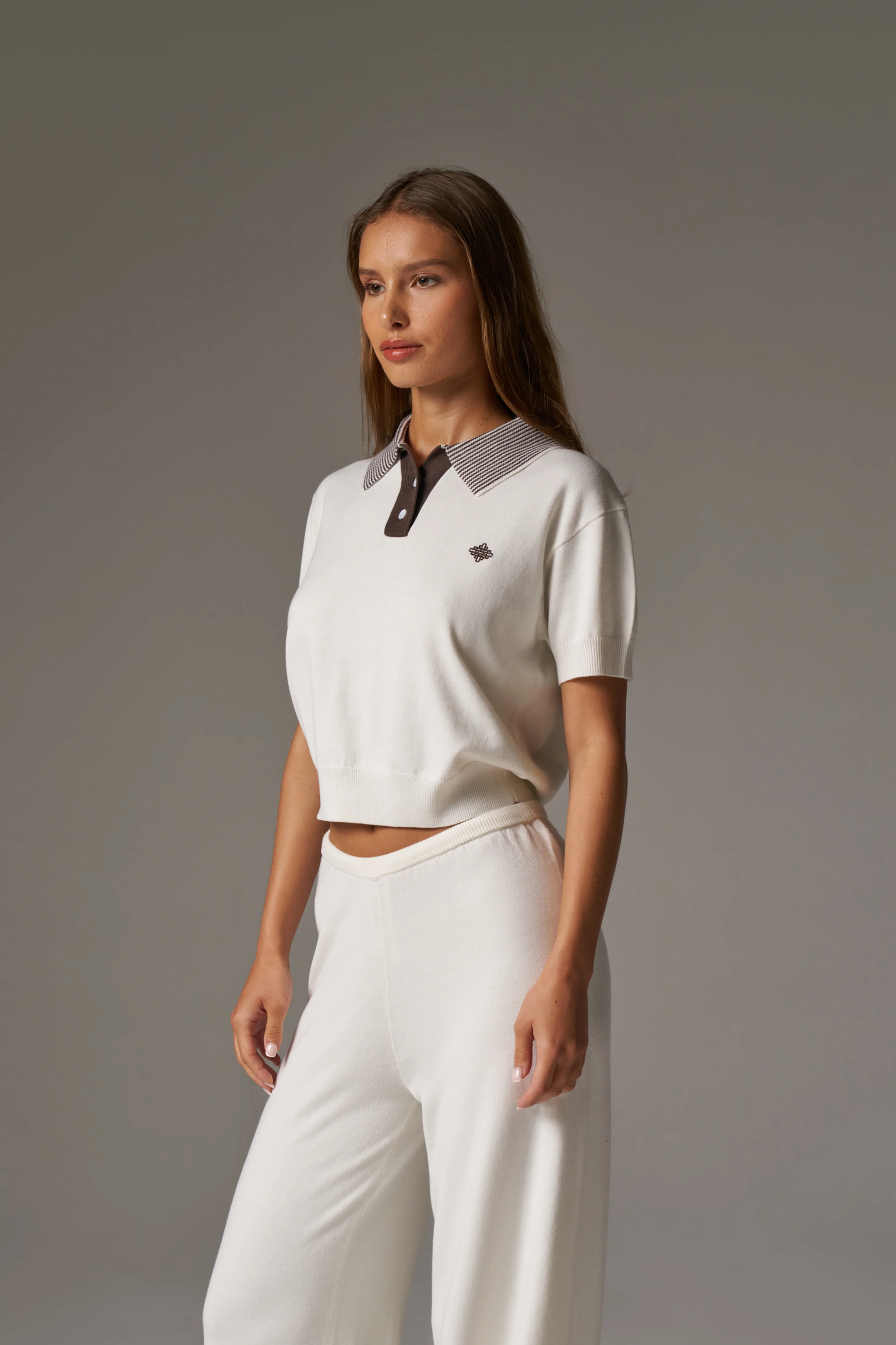 KNITTED COLLAR POLO TOP - CREAM