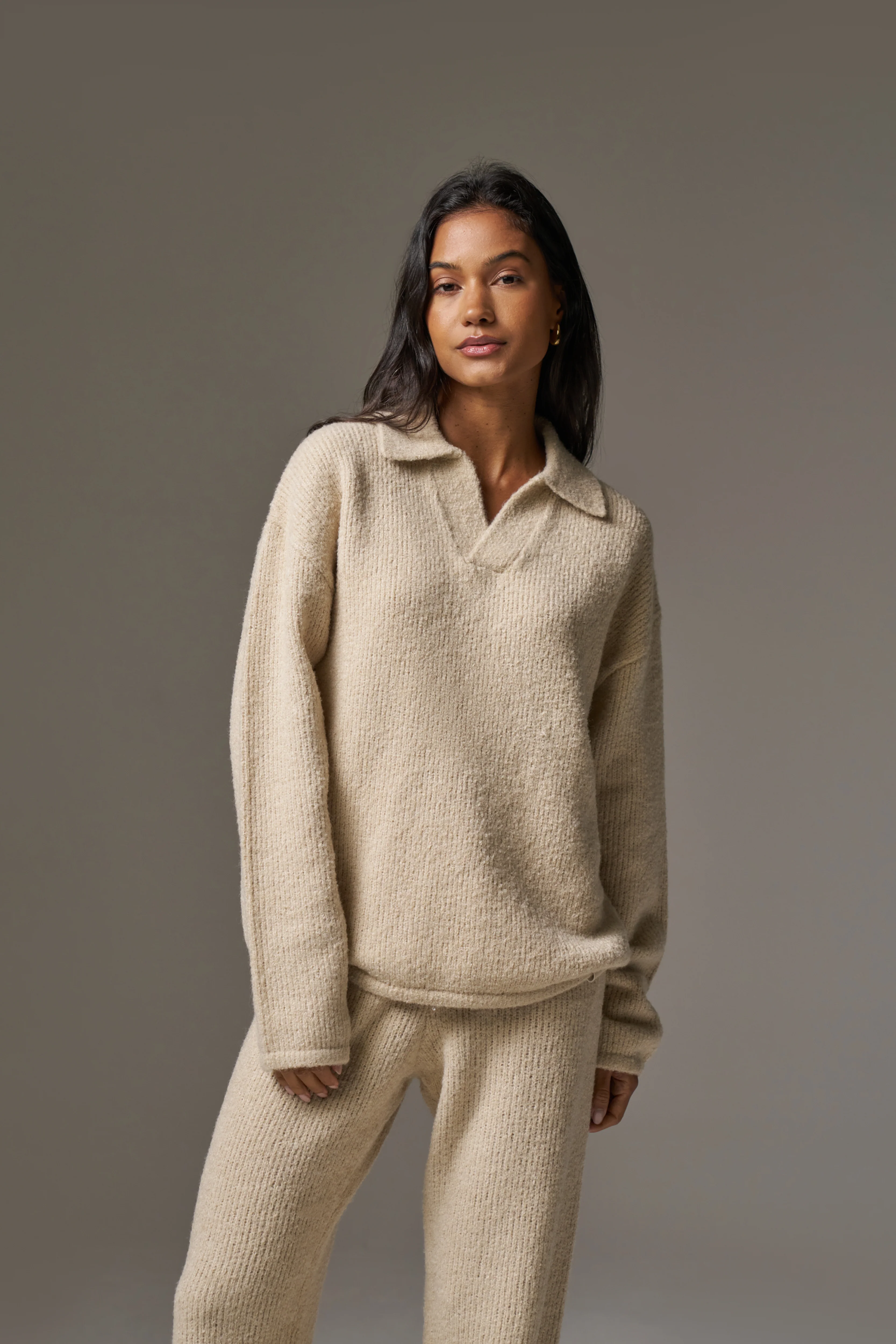 BOUCLE KNIT LONG SLEEVE POLO - STONE