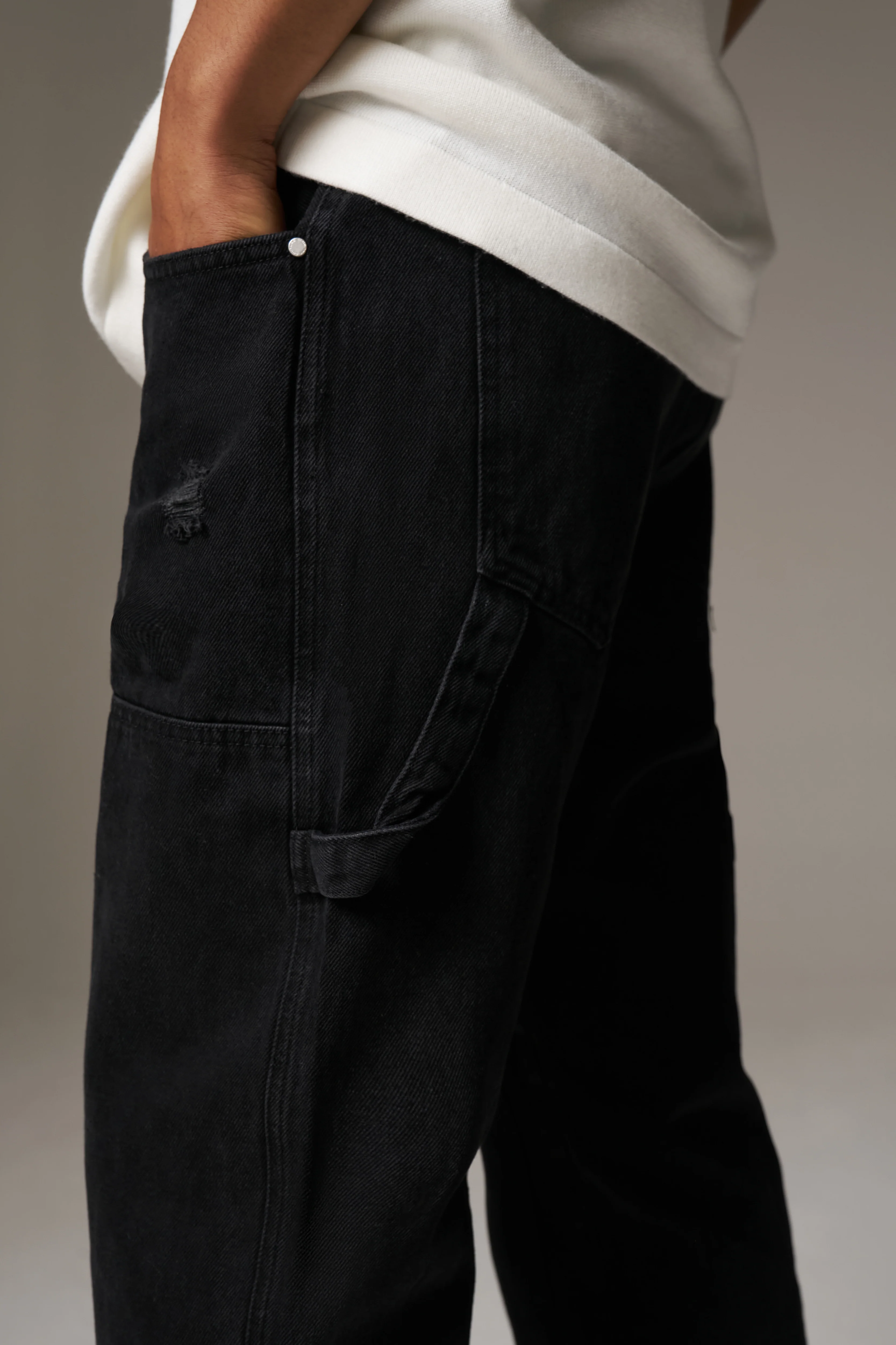 DENIM RIVET DETAIL CARPENTER JEANS - BLACK WASH