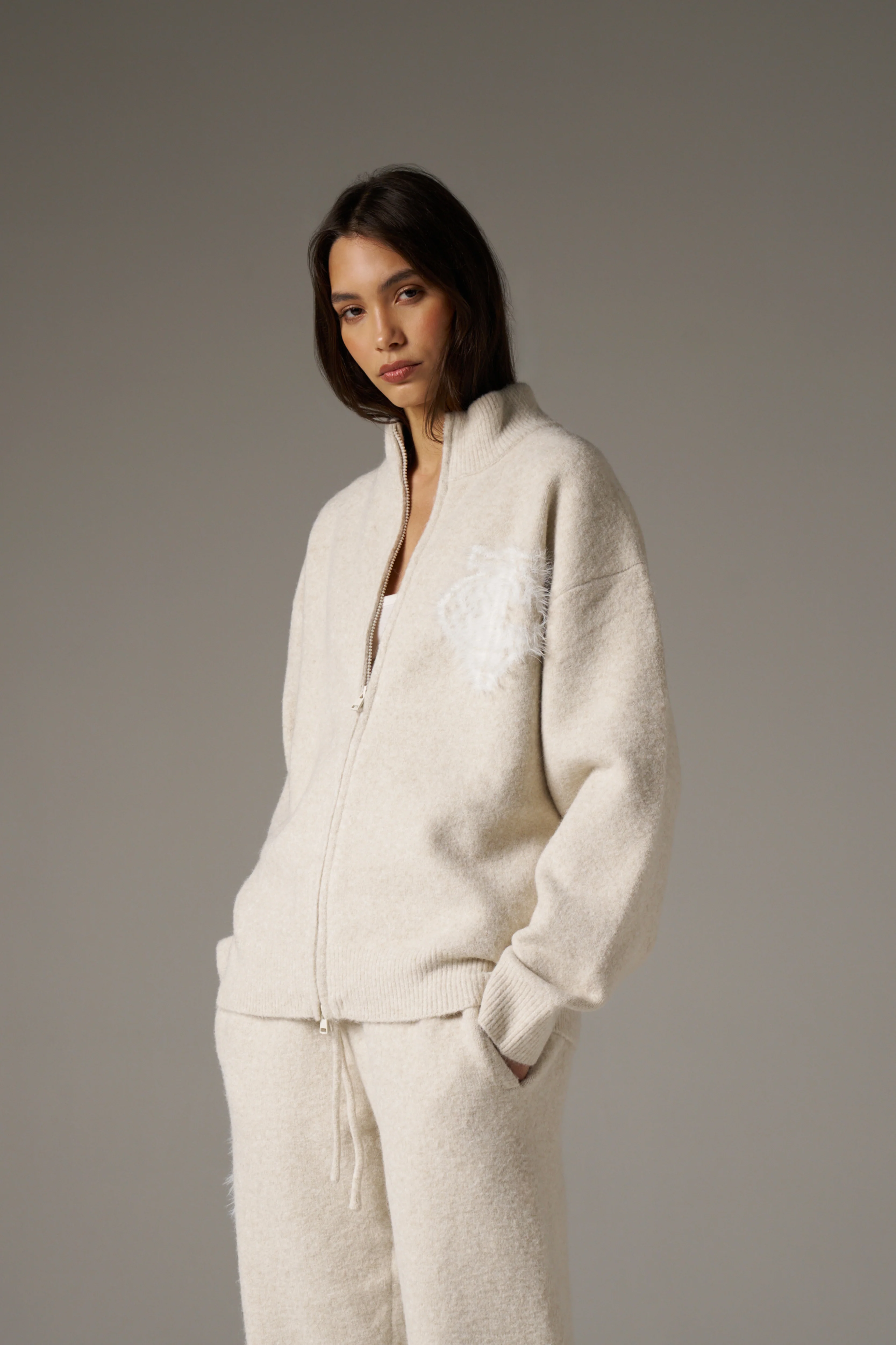 MONOGRAM EMBLEM FLUFFY KNIT ZIP THROUGH - BEIGE