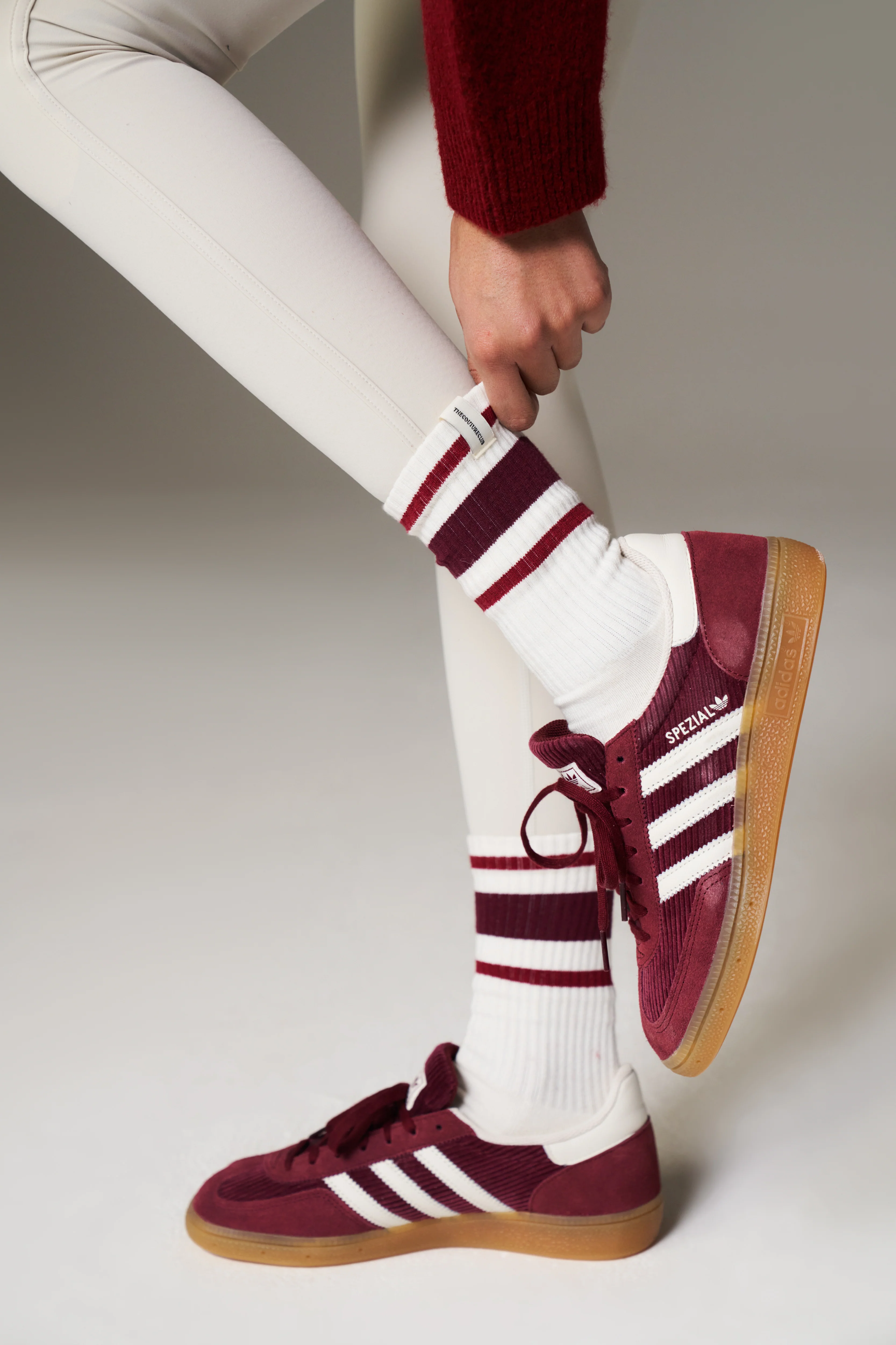 STRIPED BRANDED LABEL SOCK - BURGUNDY