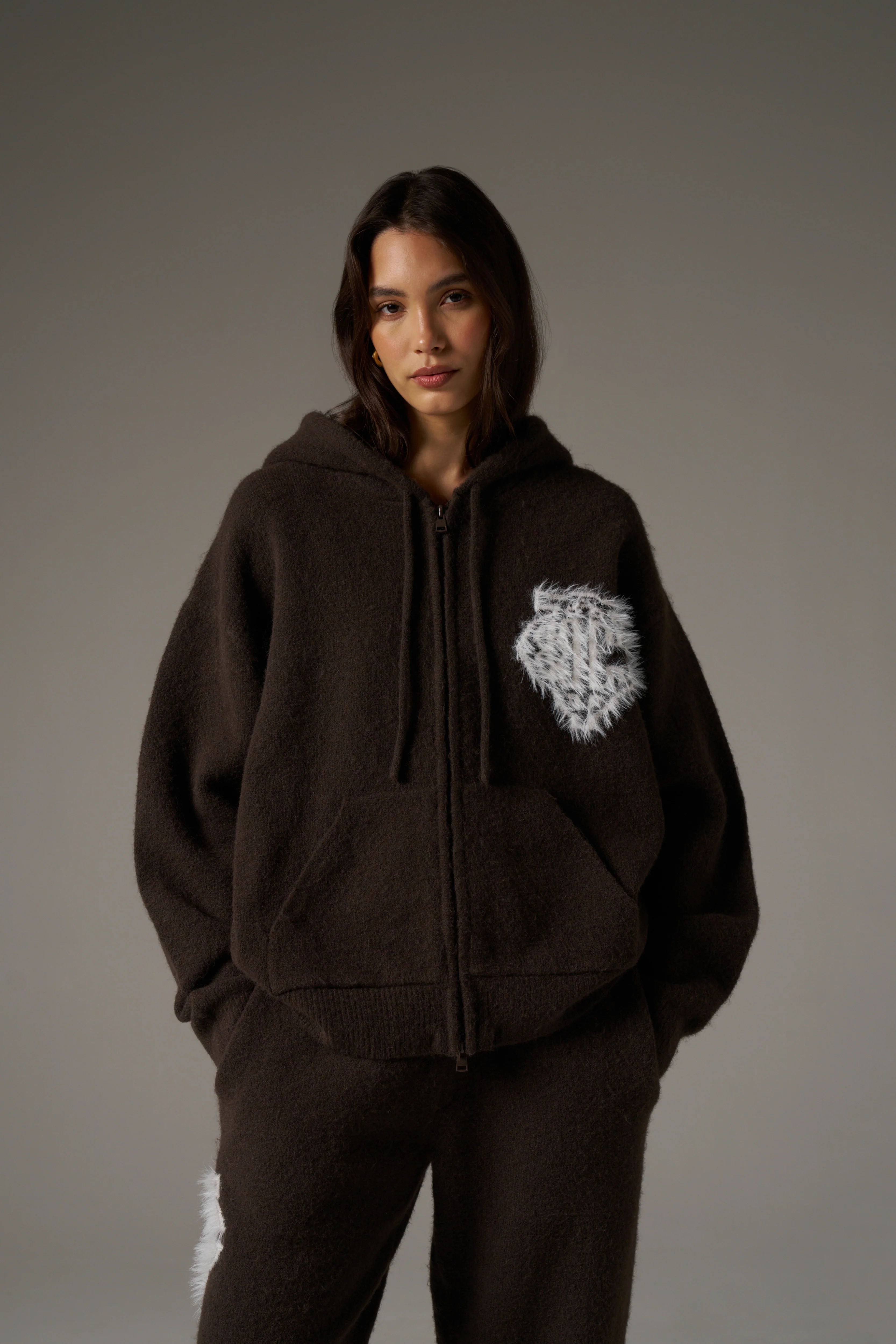 MONOGRAM EMBLEM FLUFFY KNIT ZIP THROUGH HOODIE - BROWN