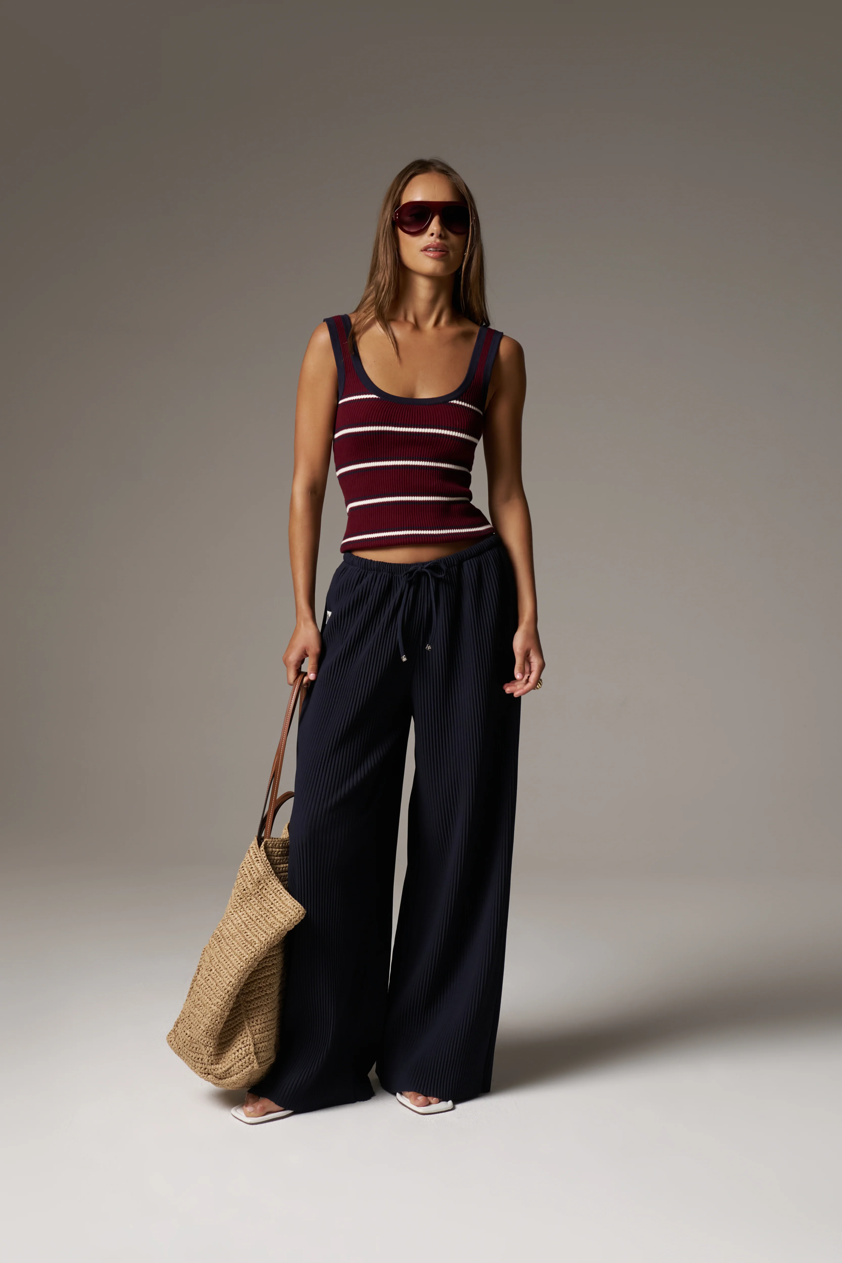 STRIPE RIBBED VEST TOP - BURGUNDY