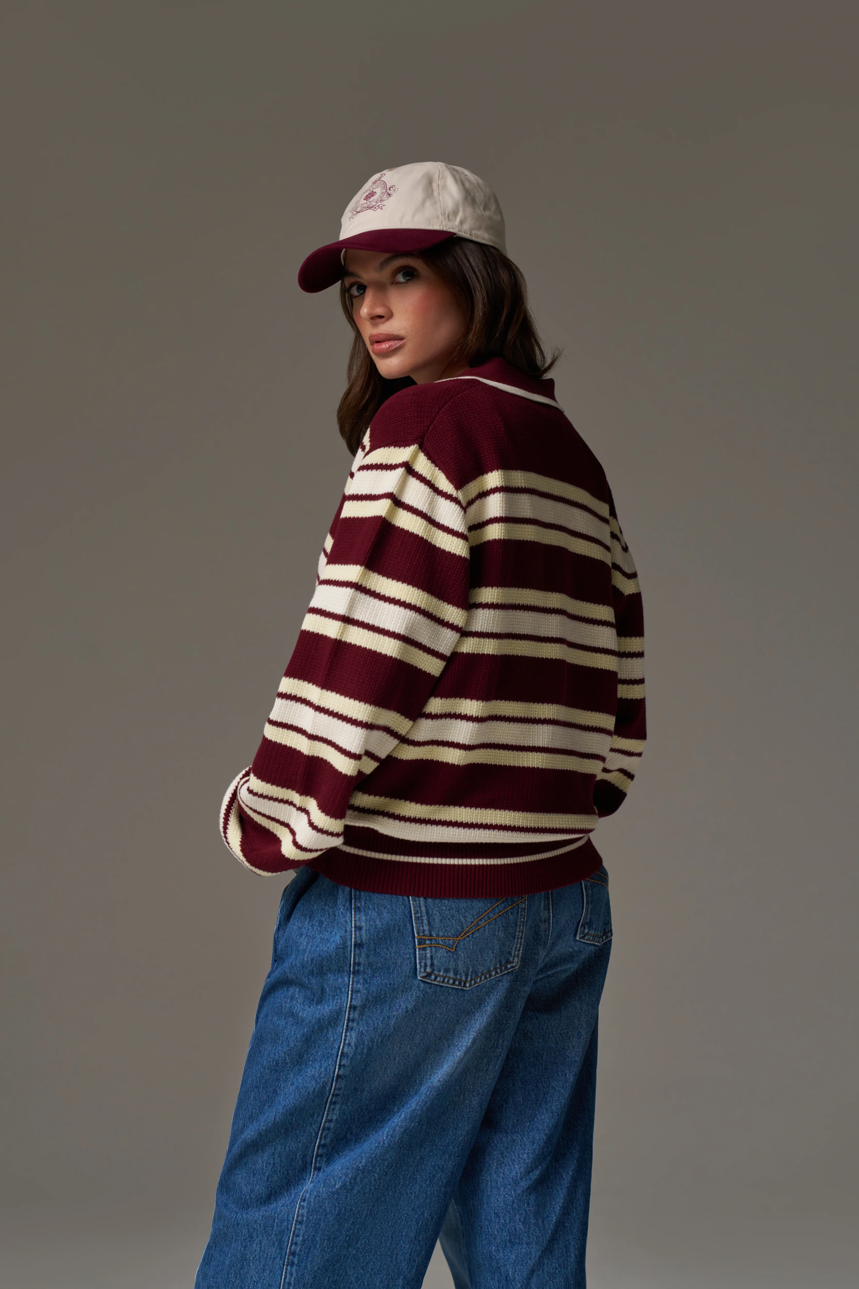 STRIPE KNITTED POLO SWEATSHIRT - BURGUNDY