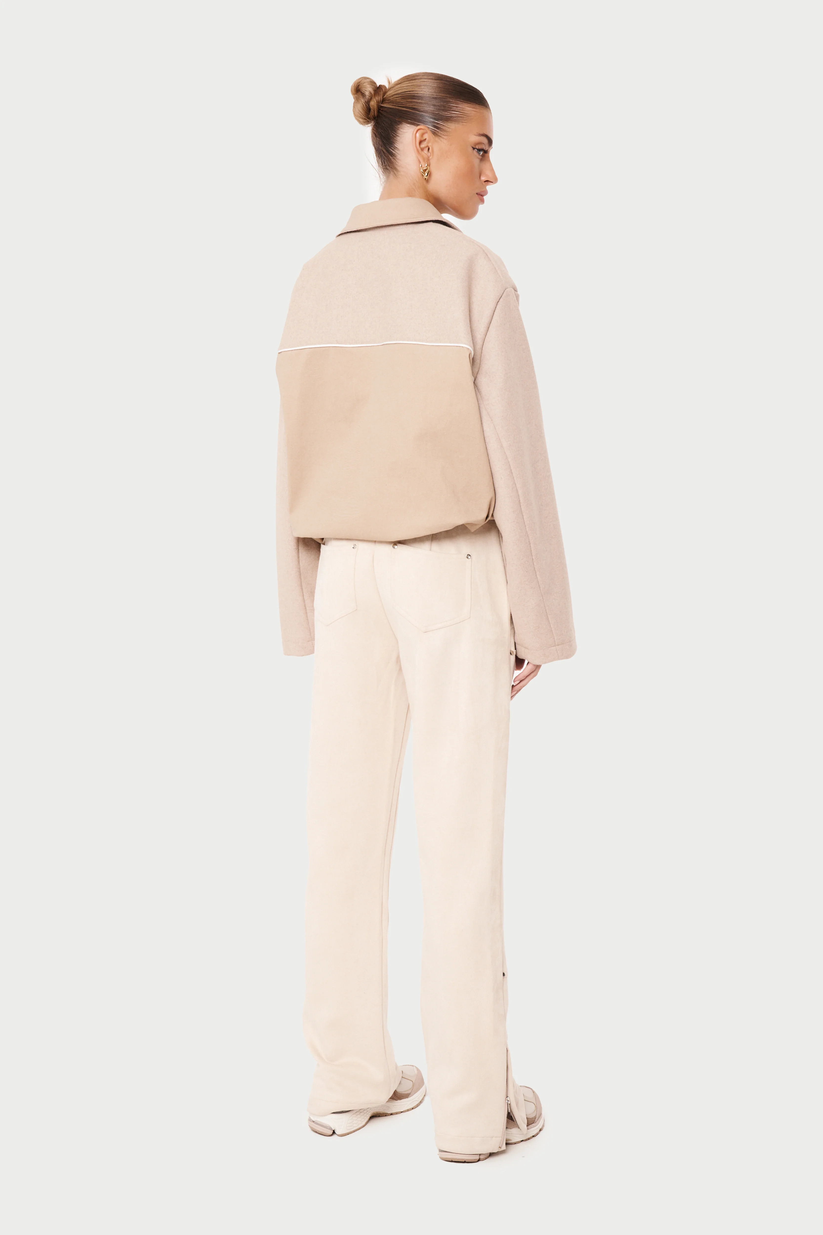 TWEED PANELLED BOMBER JACKET - BEIGE