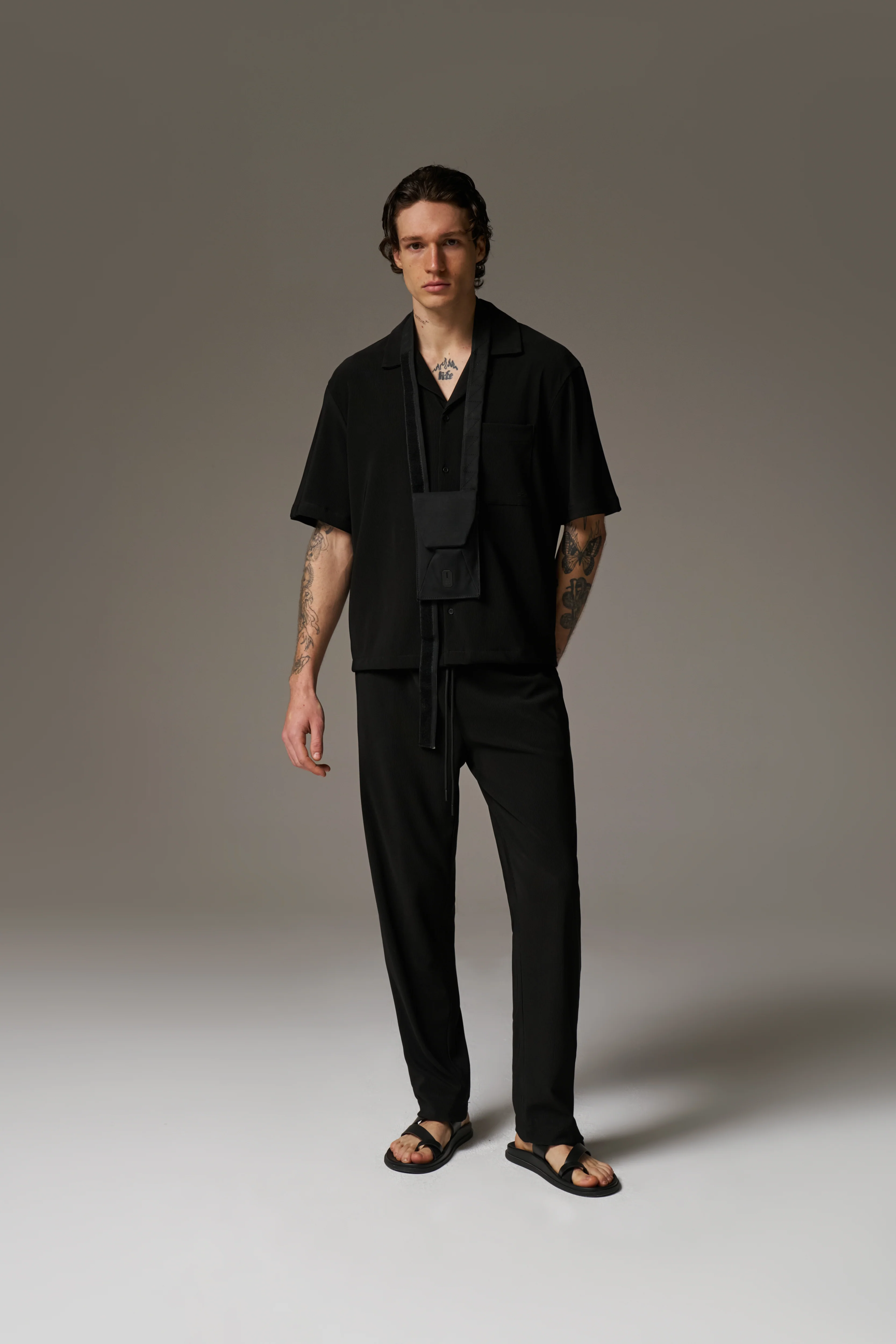 RIB BUTTON THROUGH SHIRT - BLACK