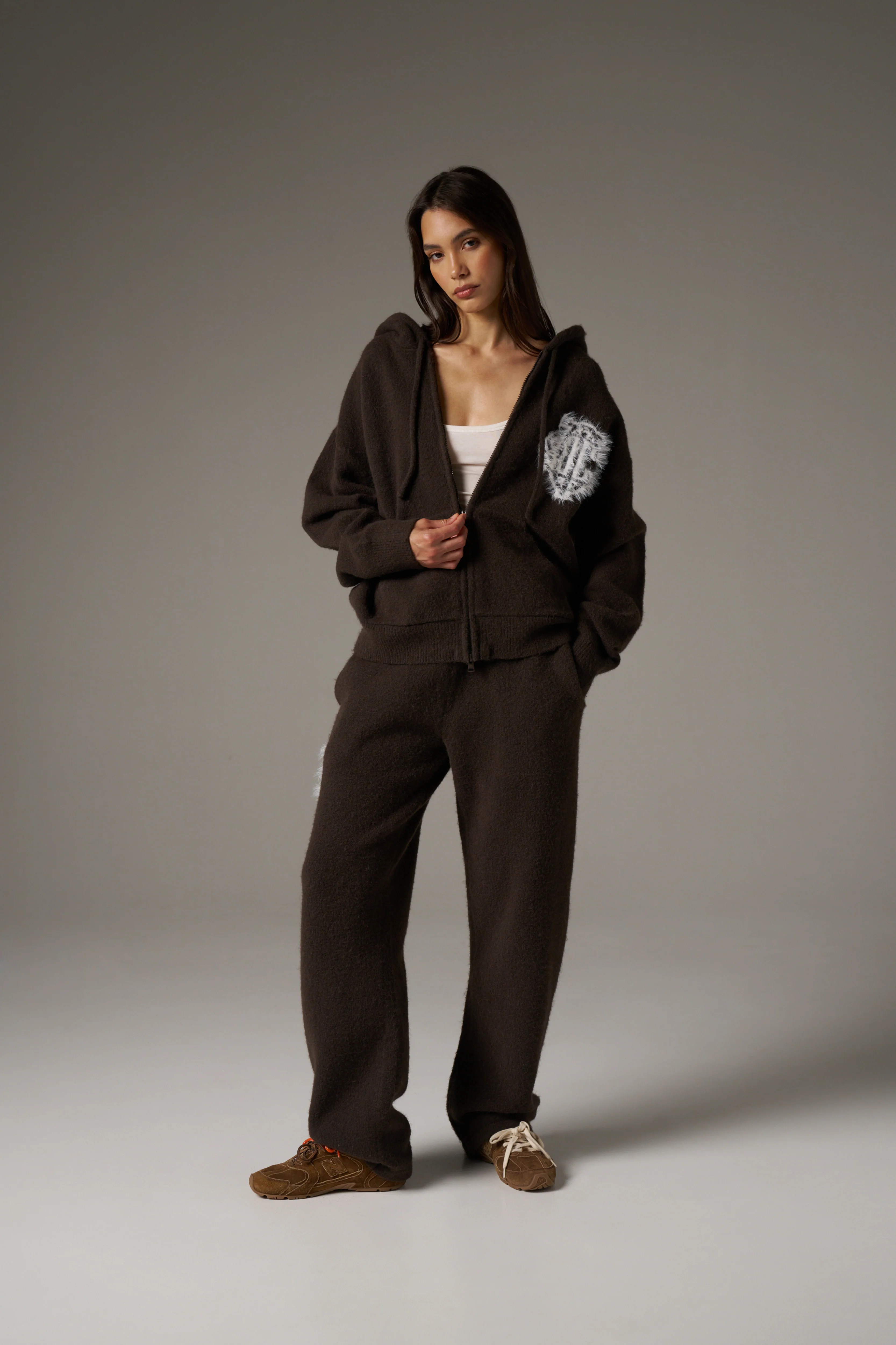 MONOGRAM EMBLEM FLUFFY KNIT ZIP THROUGH HOODIE - BROWN