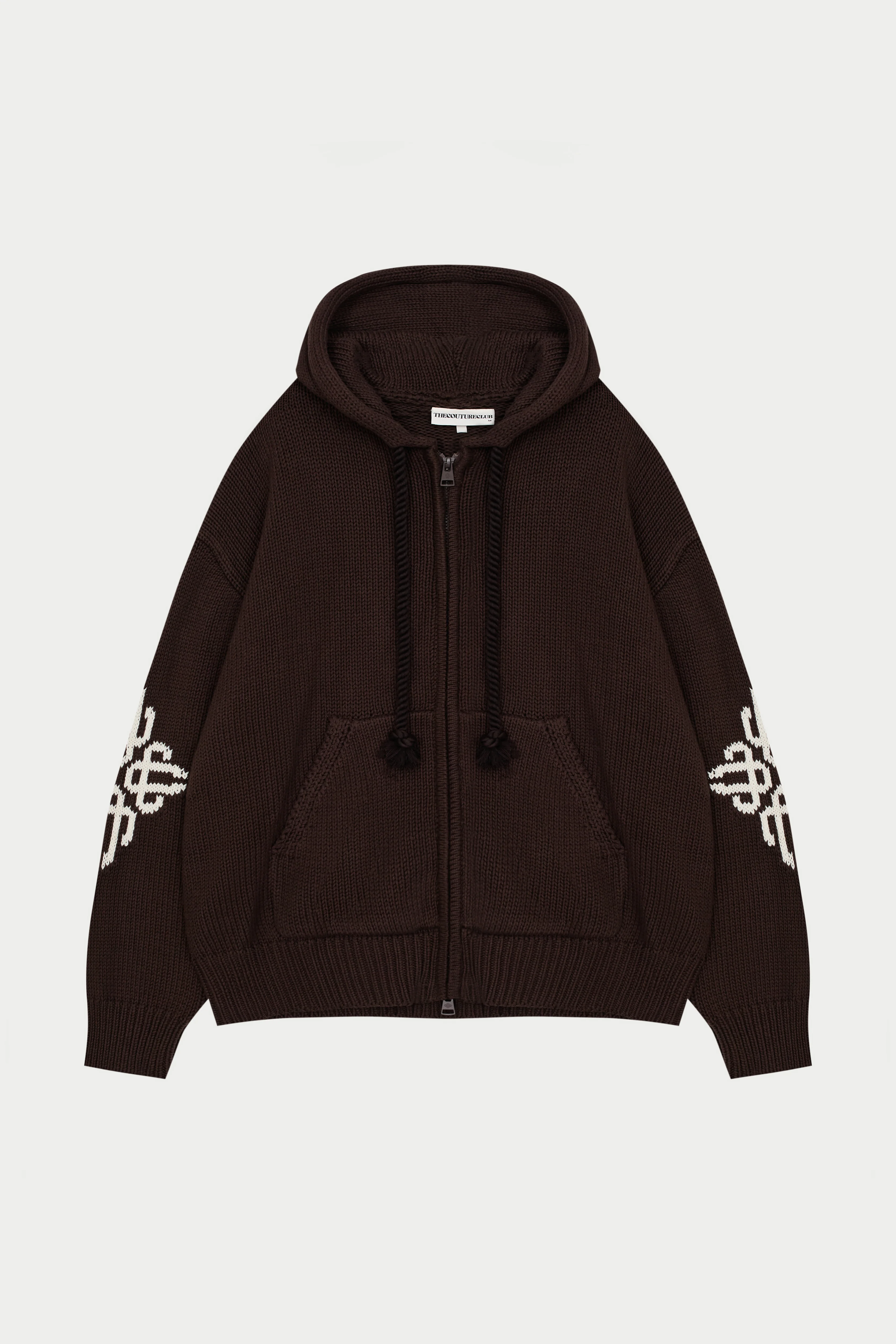 CHUNKY KNIT EMBLEM ZIP THROUGH HOODIE - CHOCOLATE