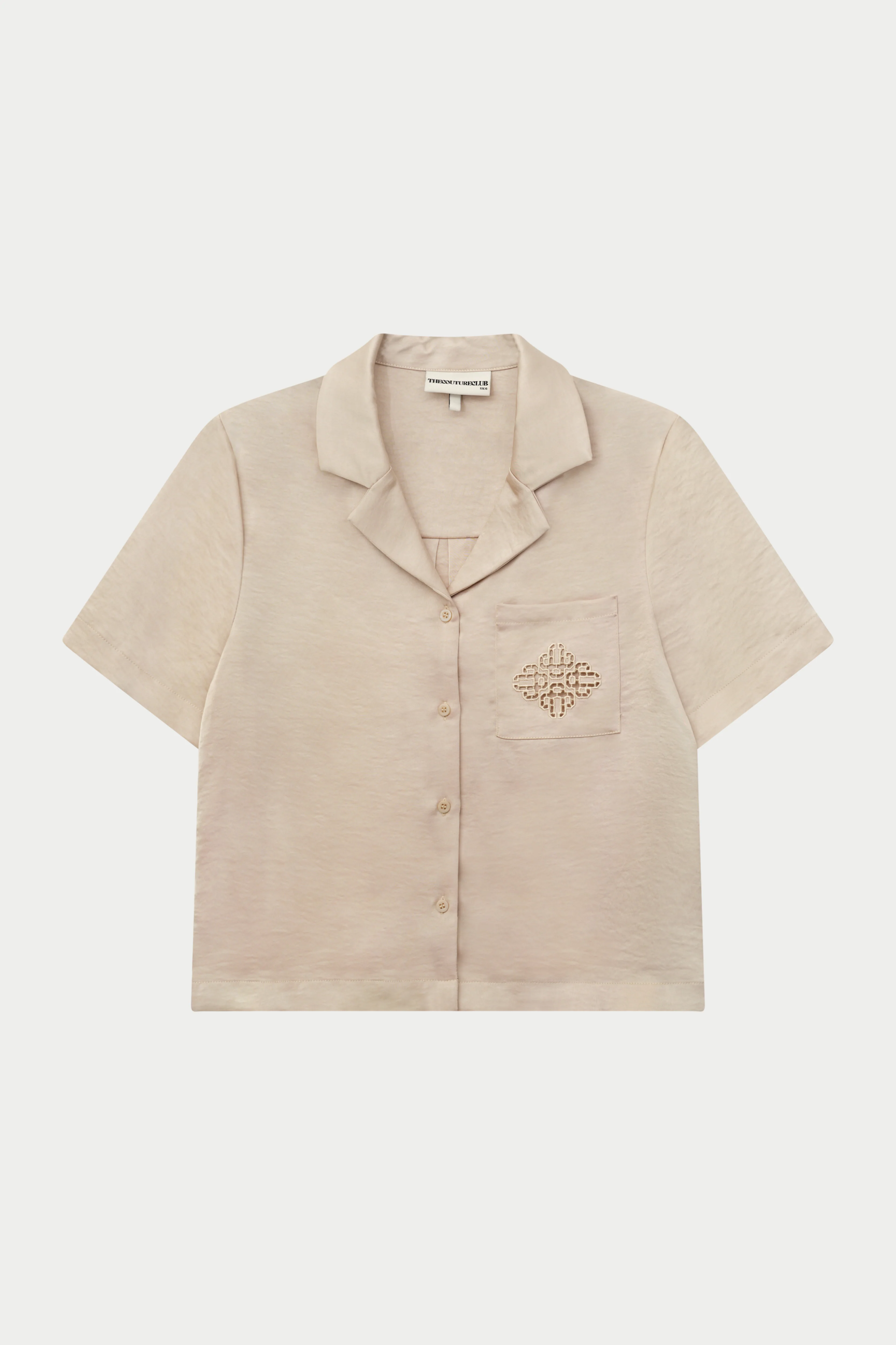 SATIN SHORT SLEEVE EMBLEM SHIRT - BEIGE
