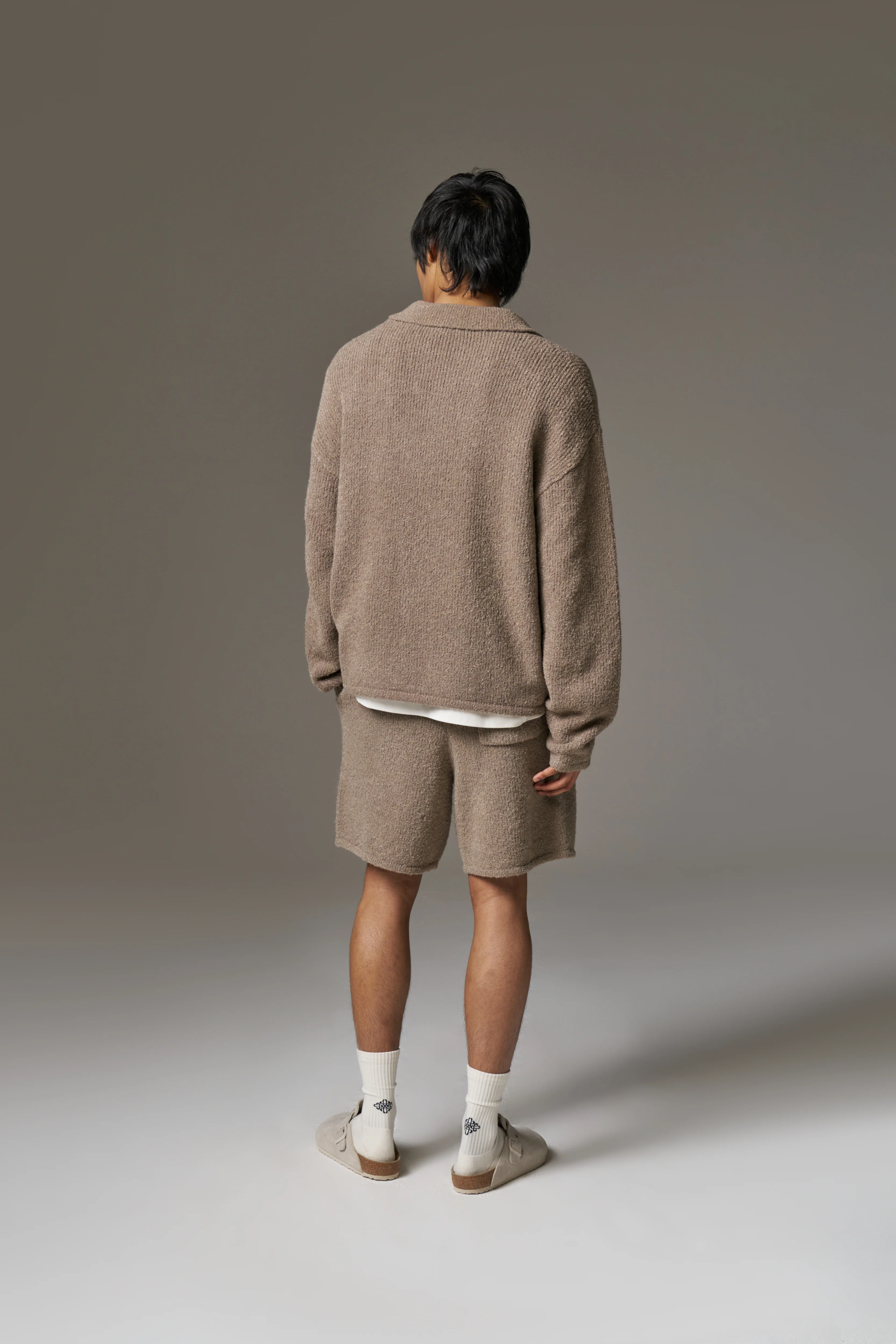 BOUCLE KNIT LONG SLEEVE POLO - BROWN