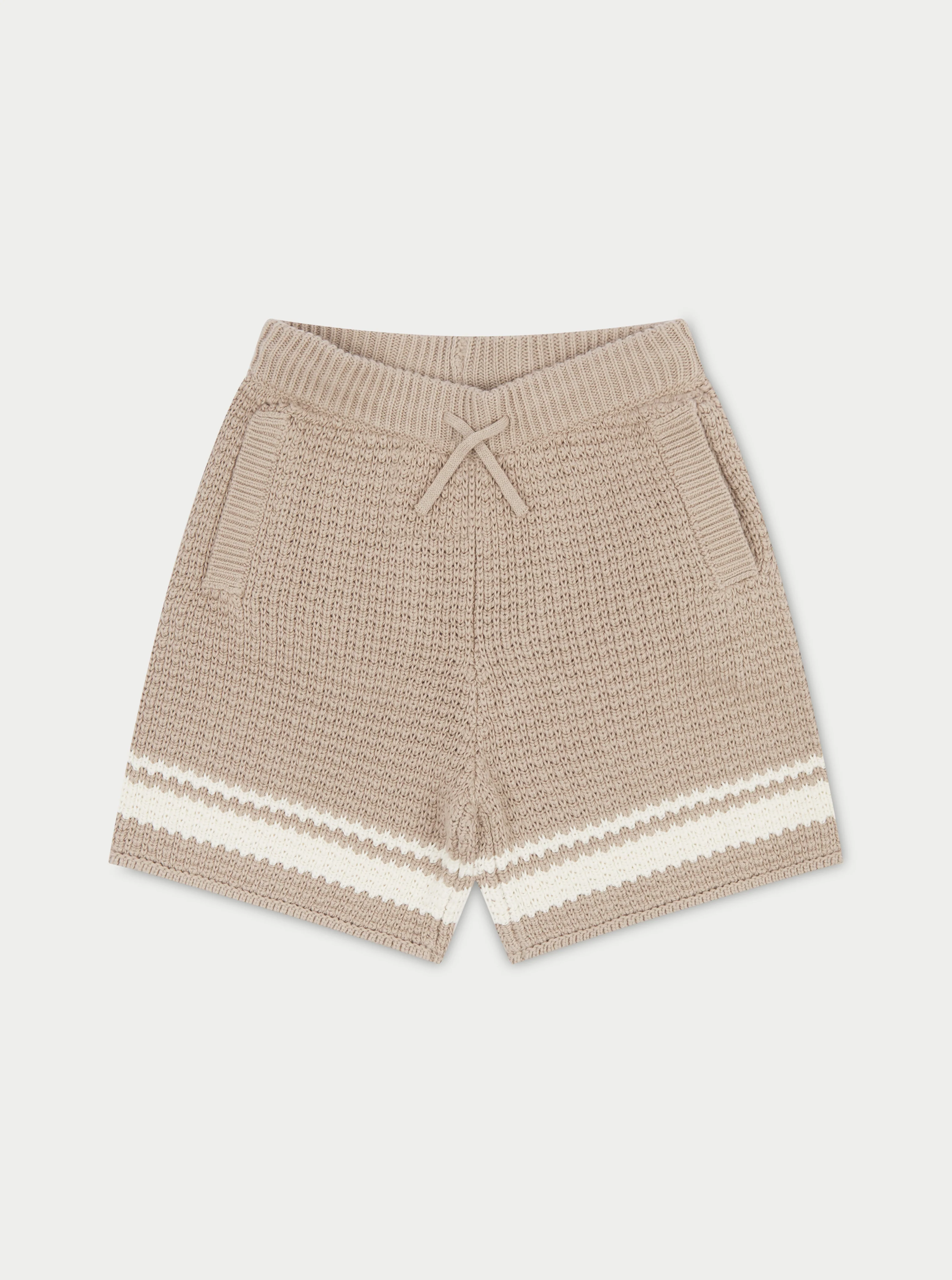 KIDS CROCHET KNITTED CONTRAST STRIPE SHORTS - BROWN