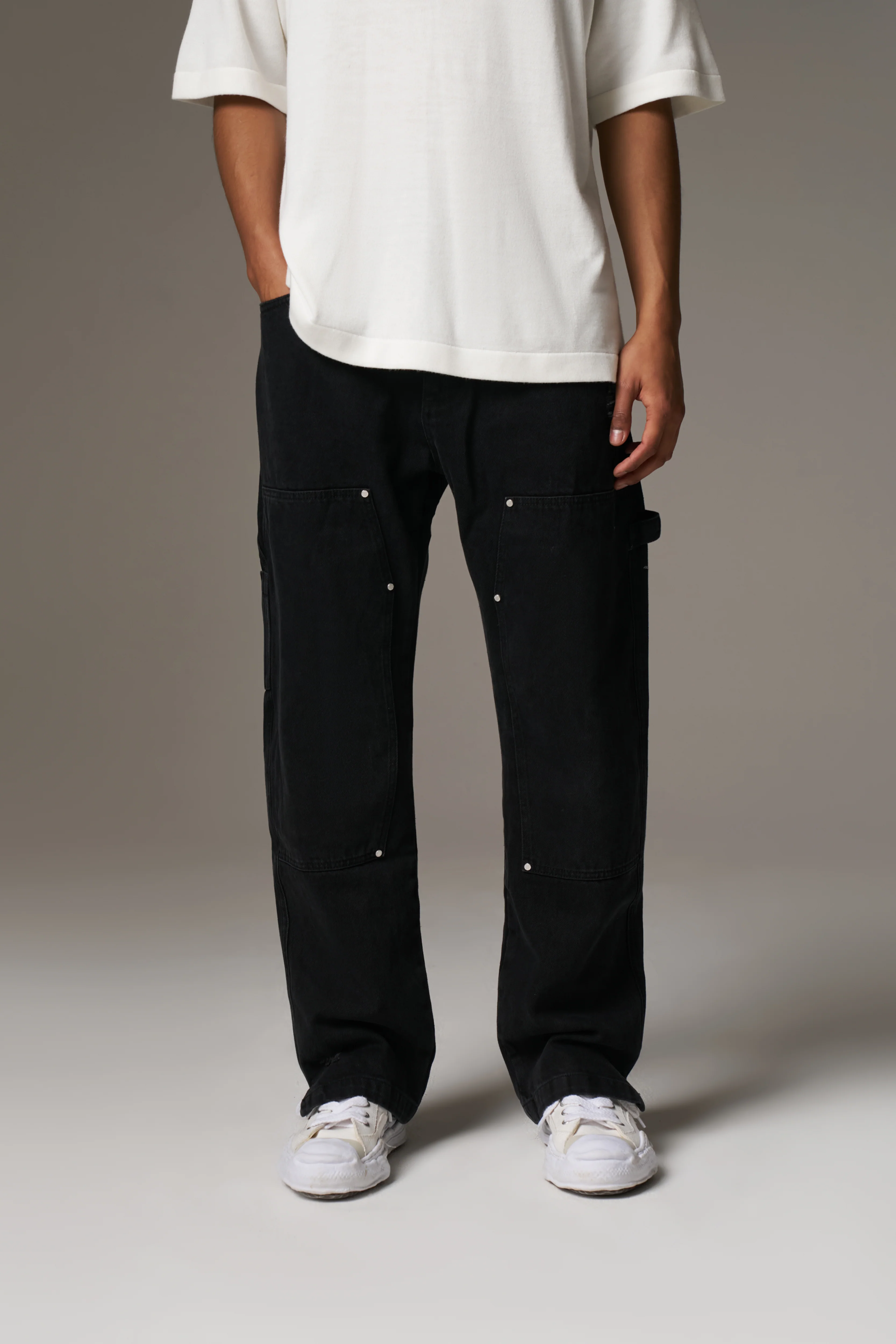 DENIM RIVET DETAIL CARPENTER JEANS - BLACK WASH