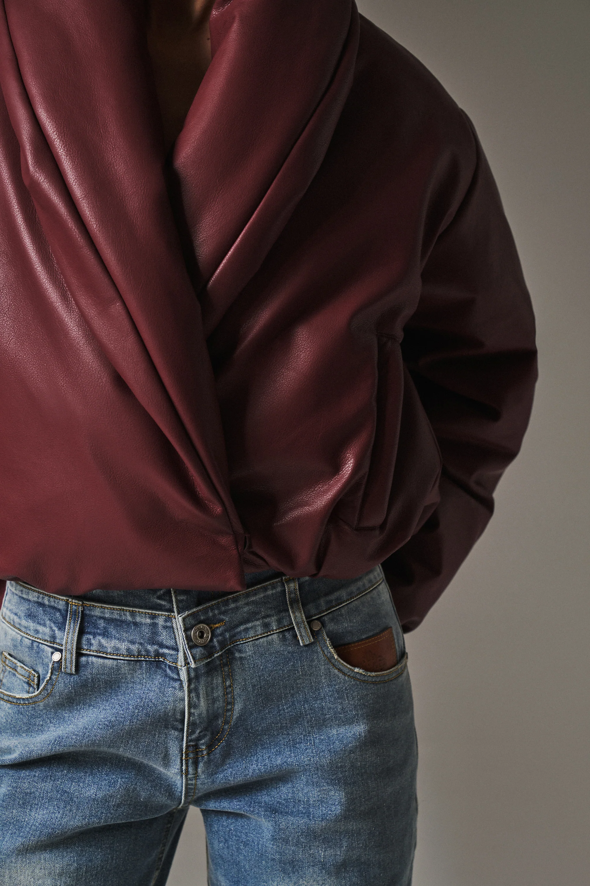 OVERSIZED COLLAR FAUX LEATHER PUFFER COAT - BURGUNDY