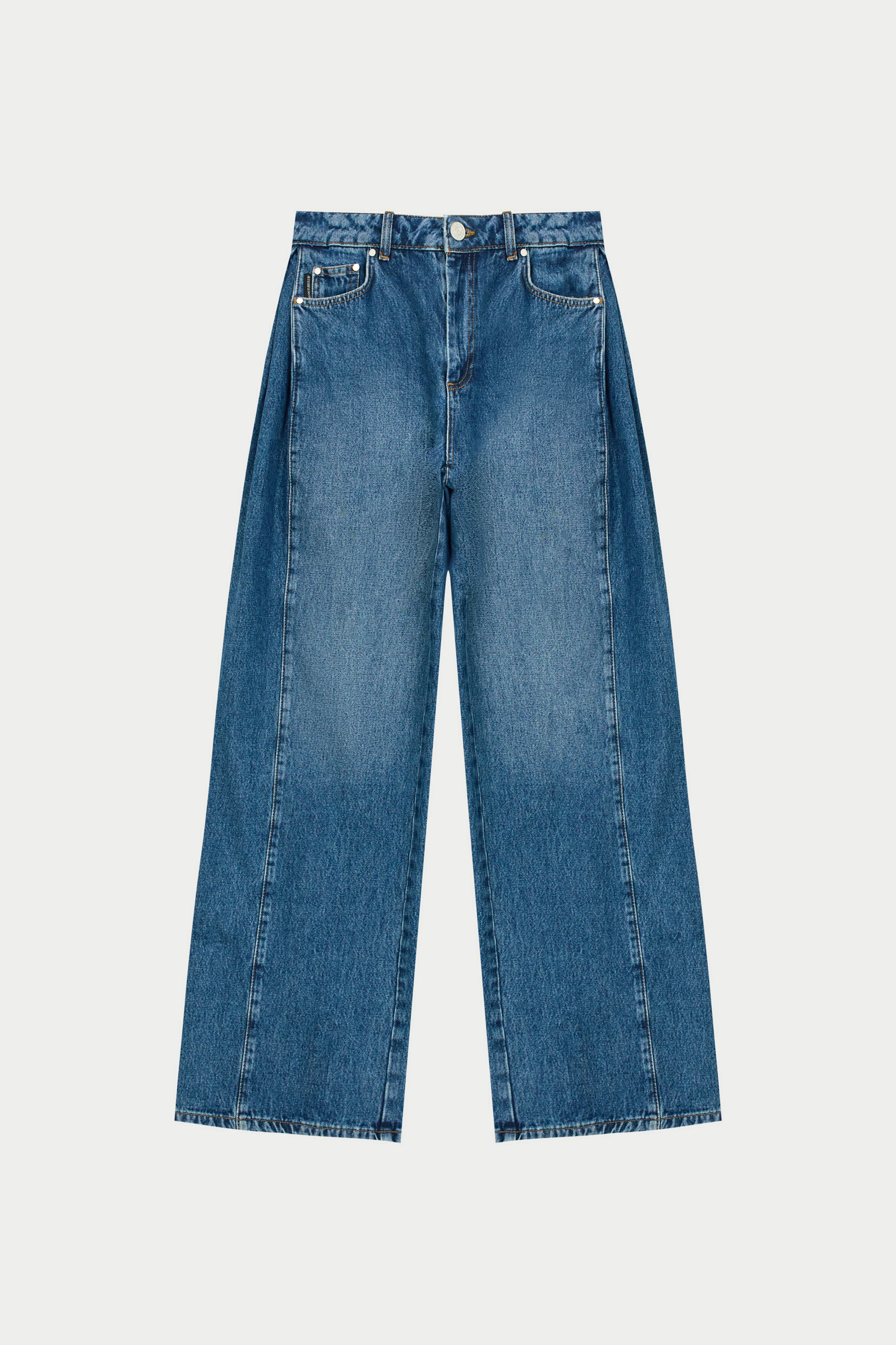ADJUSTABLE PLEAT DETAIL WIDE LEG JEANS - VINTAGE BLUE WASH