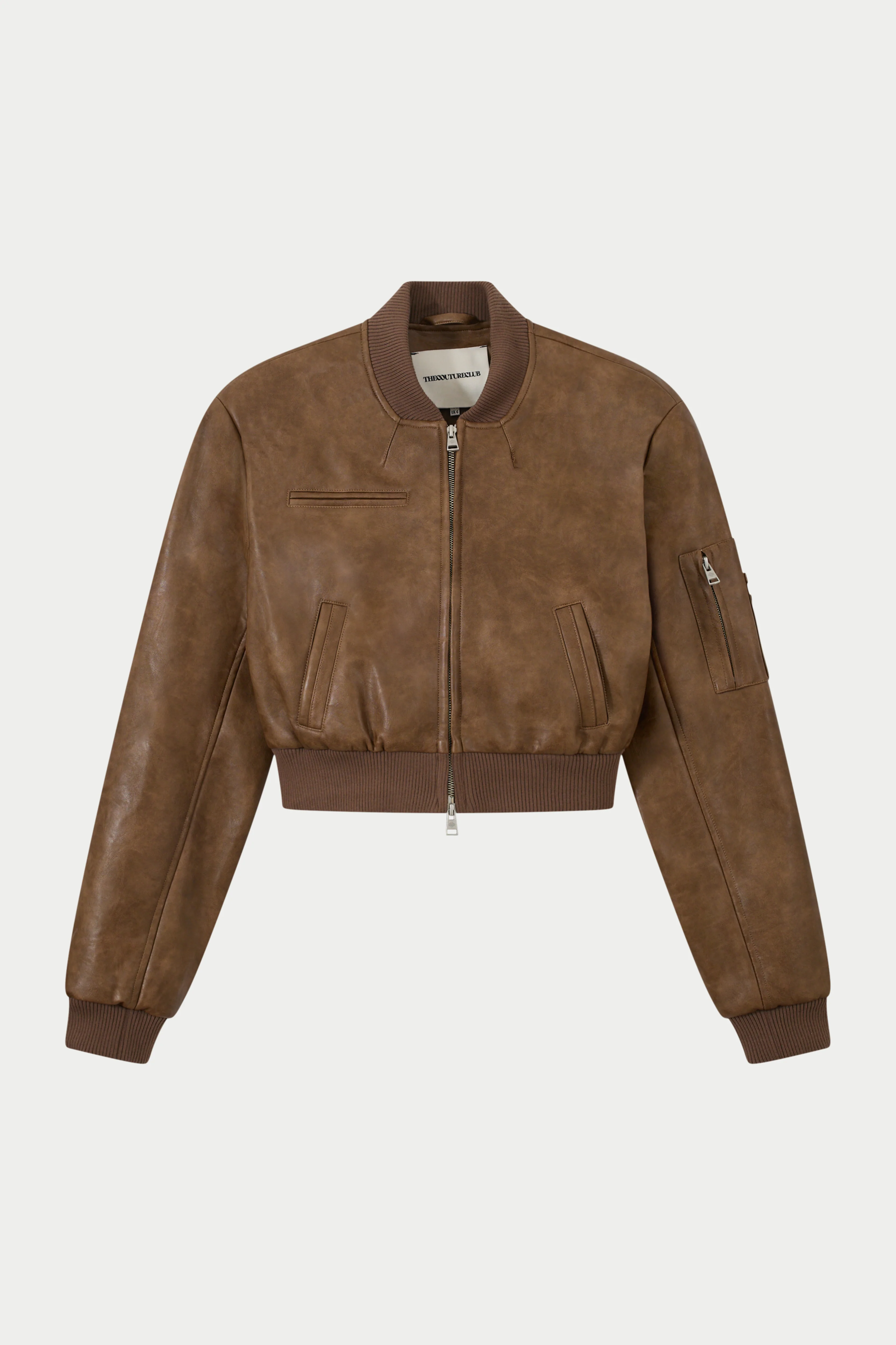 DISTRESSED FAUX LEATHER SHOULDER PADDED BOMBER JACKET - BROWN