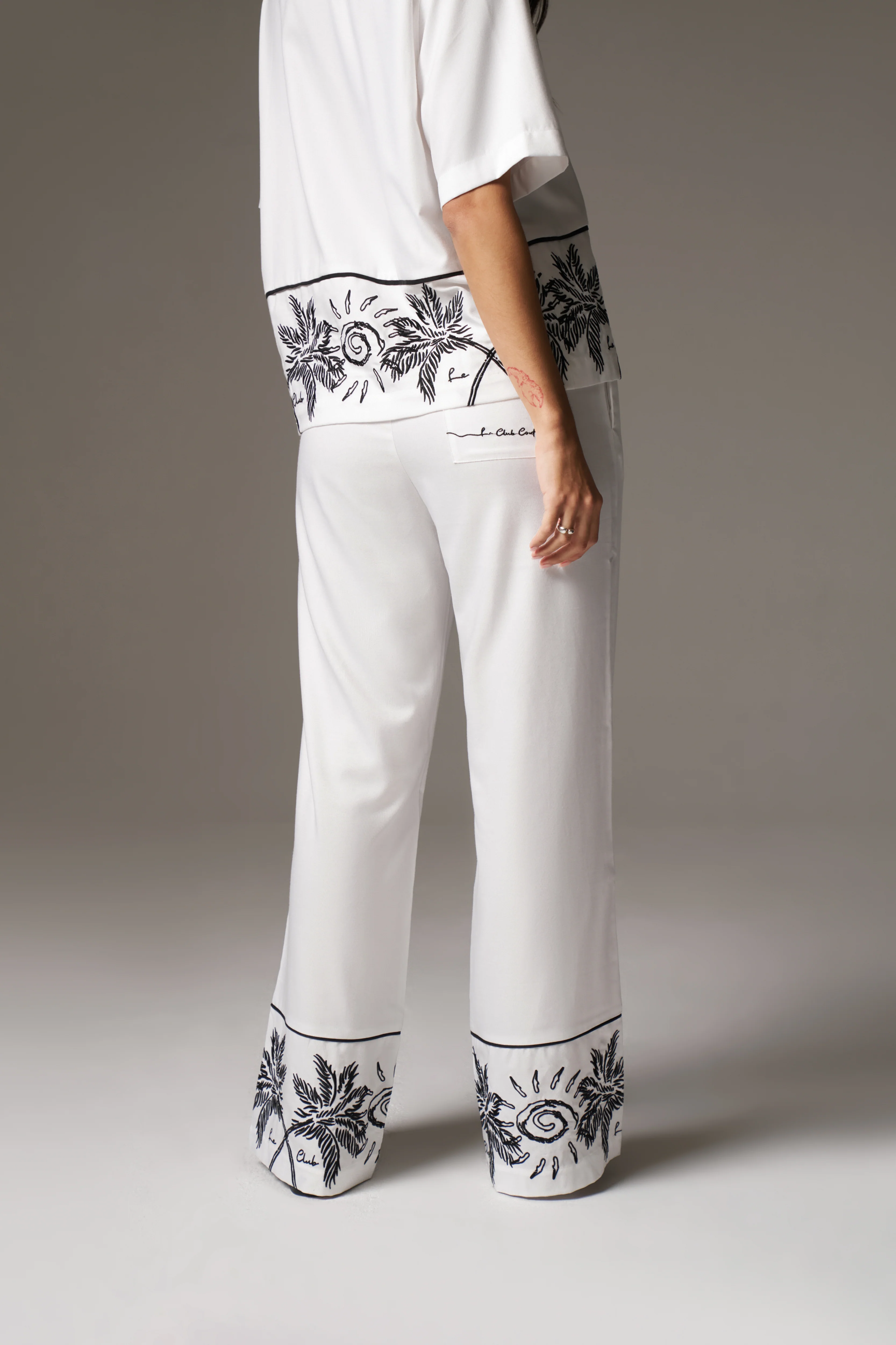 PALM EMBROIDERY WIDE LEG TROUSERS - WHITE