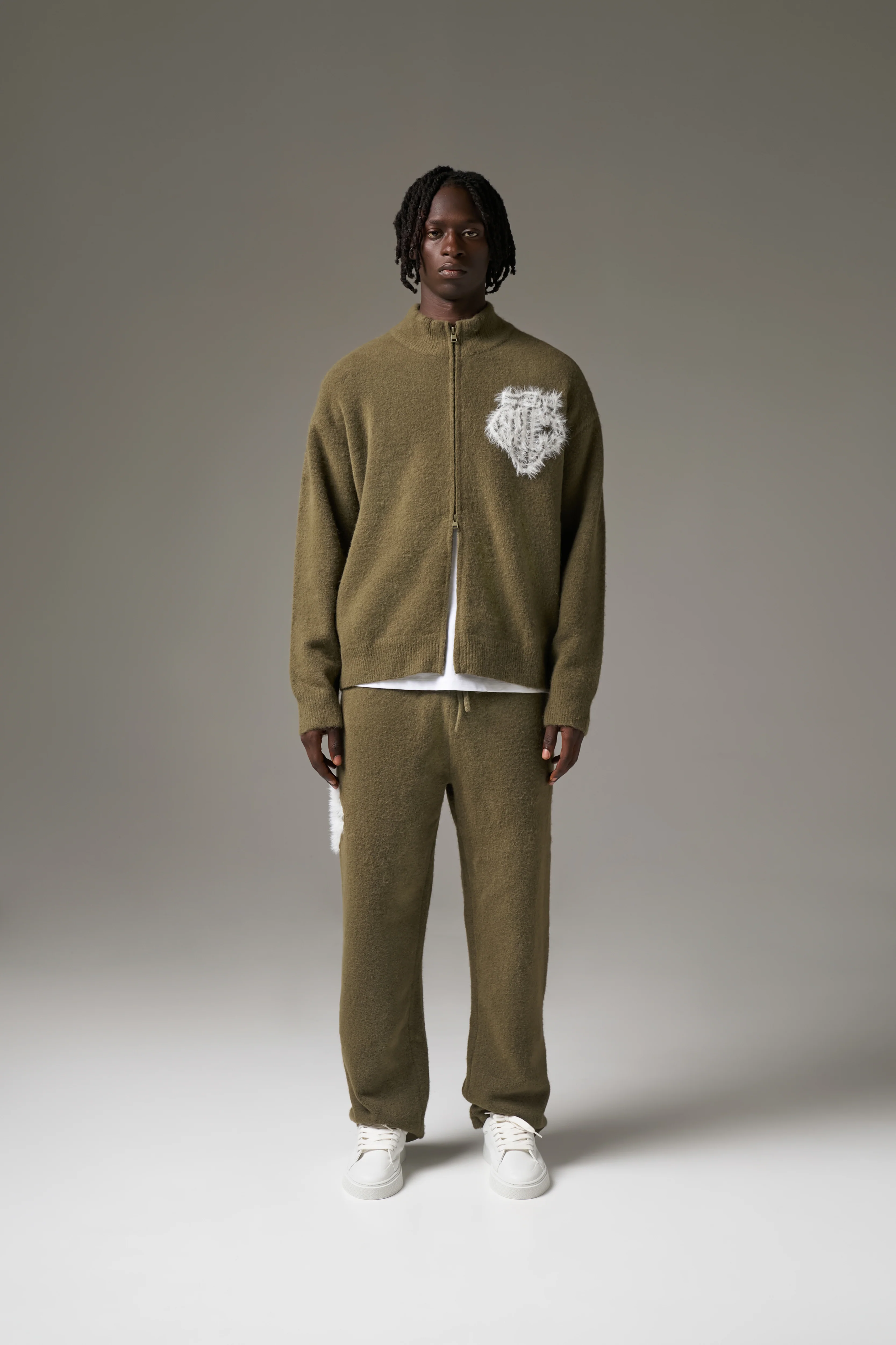 MONOGRAM EMBLEM FLUFFY KNIT ZIP THROUGH - KHAKI